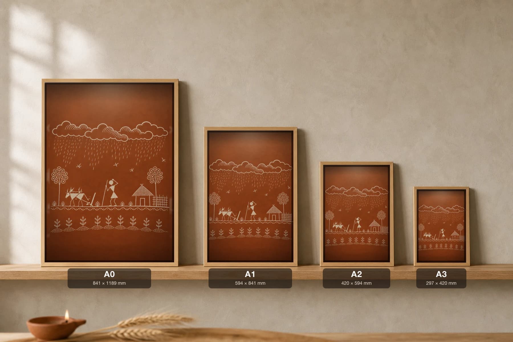 Mokhada Rain Cloud Harvest Warli Poster — classical Indian folk art wall decor · framed A2 — print size guide showing the artwork at A0, A1, A2 and A3 in natural-oak frames at true relative scale