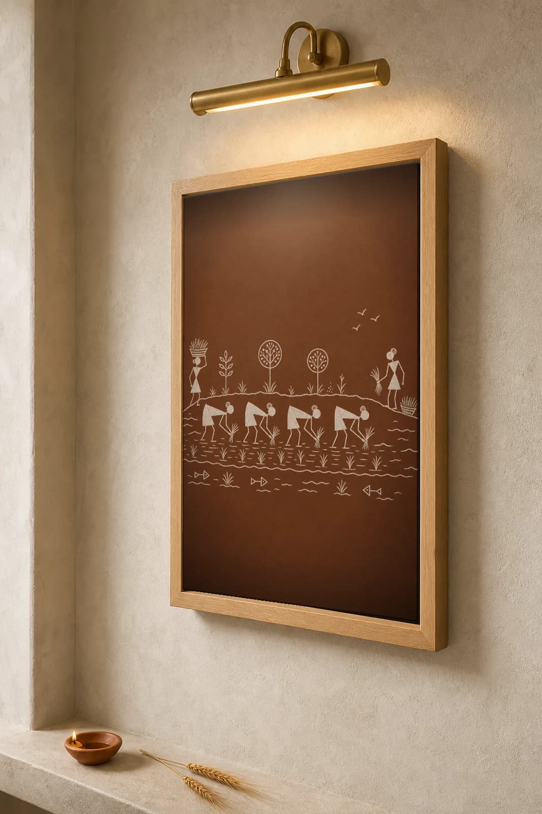 Dahanu Rice Planting Line Warli Poster — classical Indian folk art wall decor · framed A2 — the framed print shown at a three-quarter angle on a styled gallery wall in a natural-oak frame