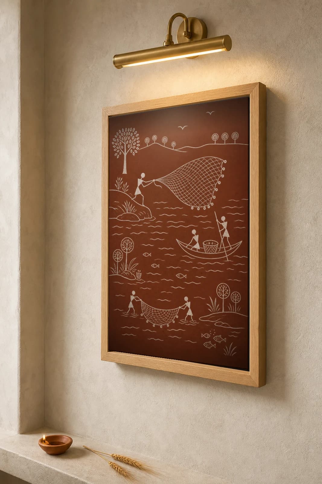 Palghar River Fishing Net Warli Poster — classical Indian folk art wall decor · framed A2 — the framed print shown at a three-quarter angle on a styled gallery wall in a natural-oak frame