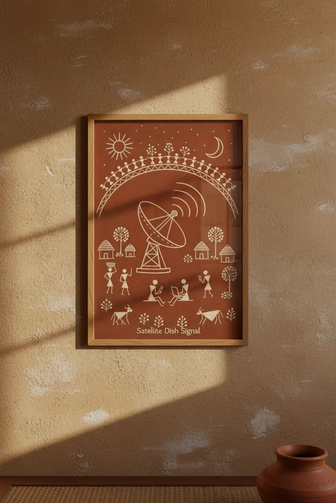 Satellite Dish Signal Warli print in natural oak A2 frame on warm-earth-neutral mud-plaster wall — rustic Indian folk art mockup