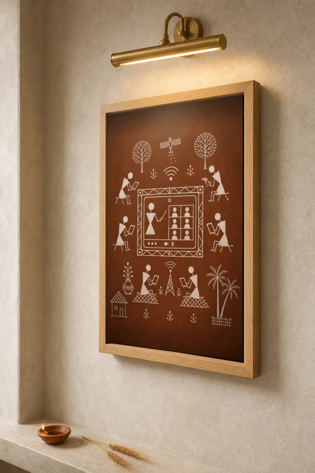 India School Online Class Warli Poster — fusion Indian folk art wall decor · framed A2 — the framed print shown at a three-quarter angle on a styled gallery wall in a natural-oak frame