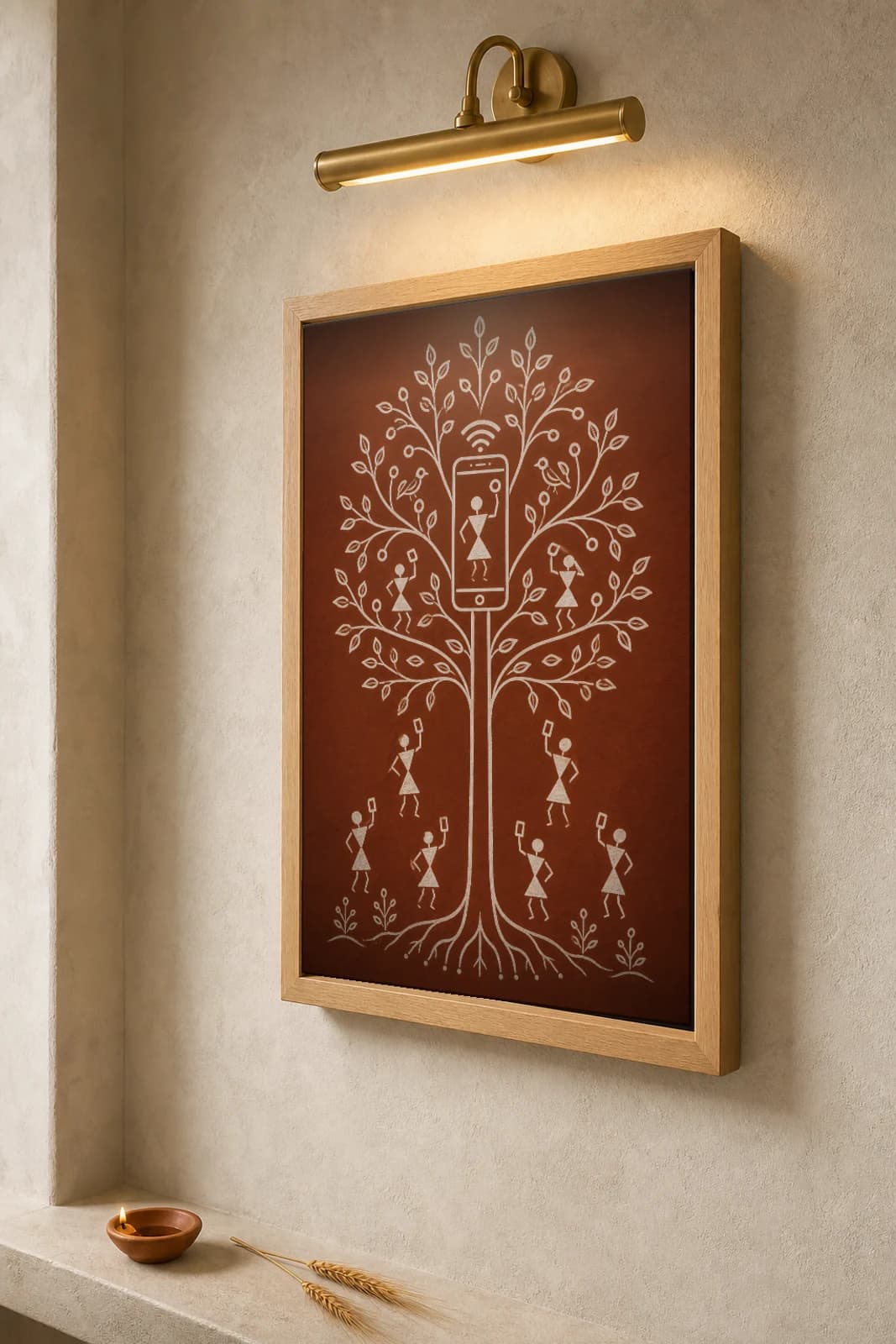 Bangalore Smartphone Tree Warli Poster — fusion Indian folk art wall decor · framed A2 — the framed print shown at a three-quarter angle on a styled gallery wall in a natural-oak frame