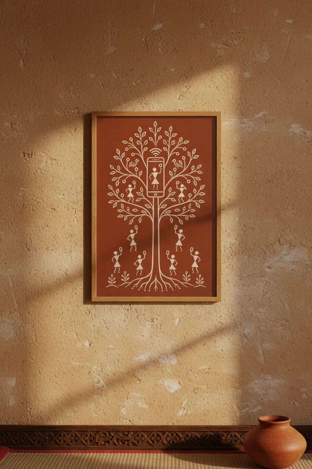 Smartphone Tree Warli print in natural oak A2 frame on warm-earth-neutral mud-plaster wall — rustic Indian folk art mockup