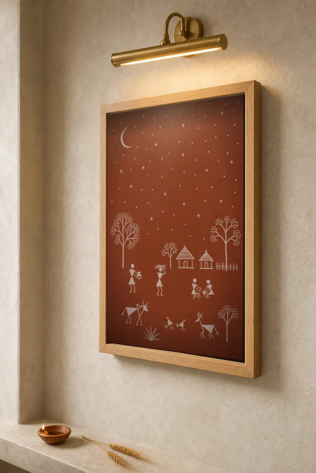 Jawhar Star Field Night Warli Poster — classical Indian folk art wall decor · framed A2 — the framed print shown at a three-quarter angle on a styled gallery wall in a natural-oak frame
