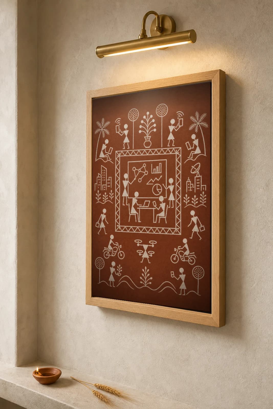 Bangalore Startup Whiteboard Warli Poster — fusion Indian folk art wall decor · framed A2 — the framed print shown at a three-quarter angle on a styled gallery wall in a natural-oak frame