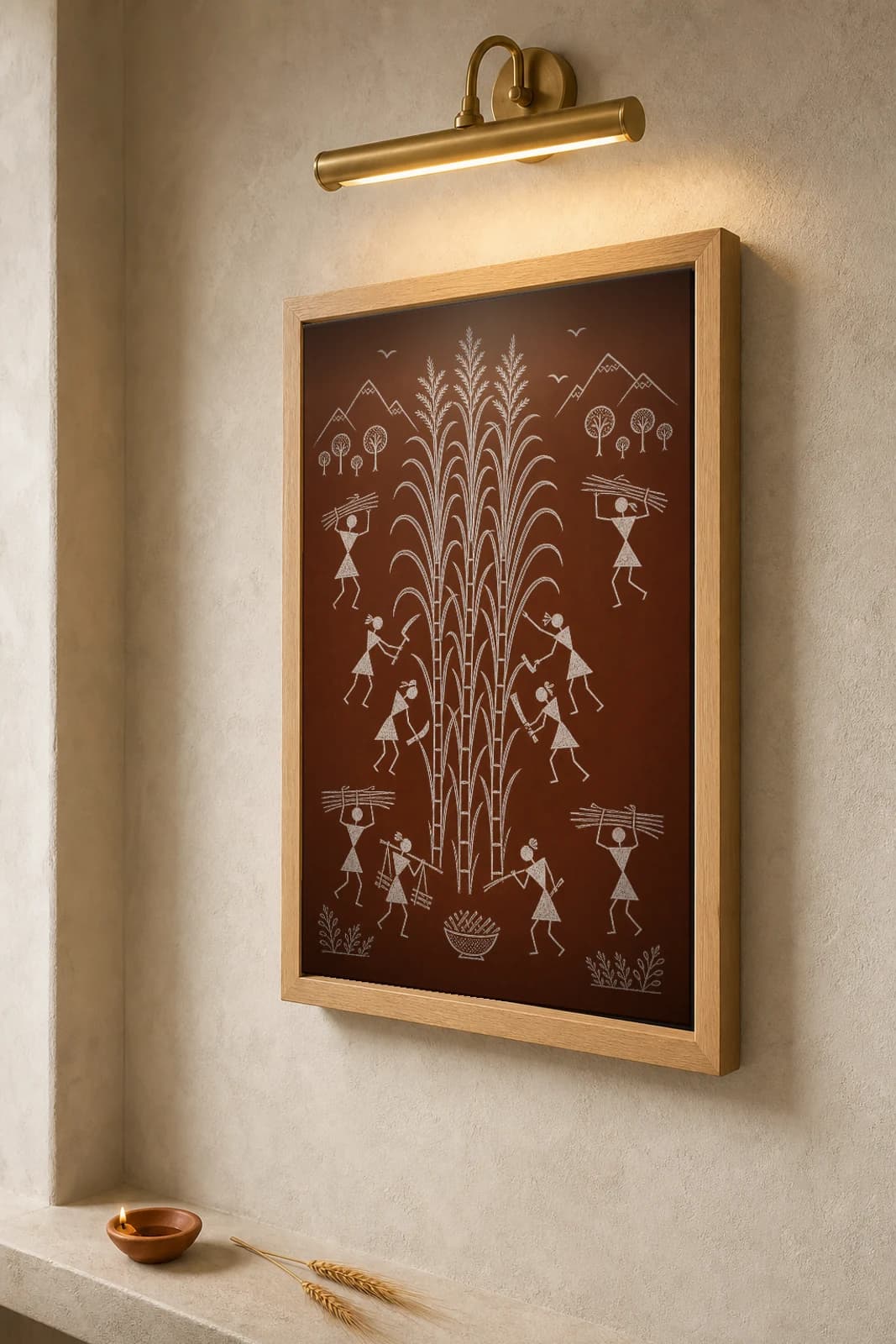 Talasari Sugarcane Cutters Warli Poster — classical Indian folk art wall decor · framed A2 — the framed print shown at a three-quarter angle on a styled gallery wall in a natural-oak frame