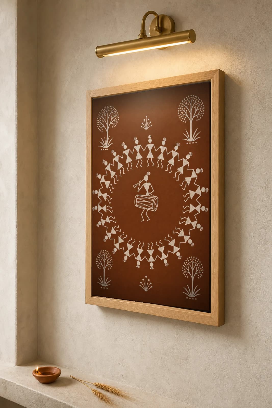 Dahanu Tarpa Circle Dance Warli Poster — classical Indian folk art wall decor · framed A2 — the framed print shown at a three-quarter angle on a styled gallery wall in a natural-oak frame