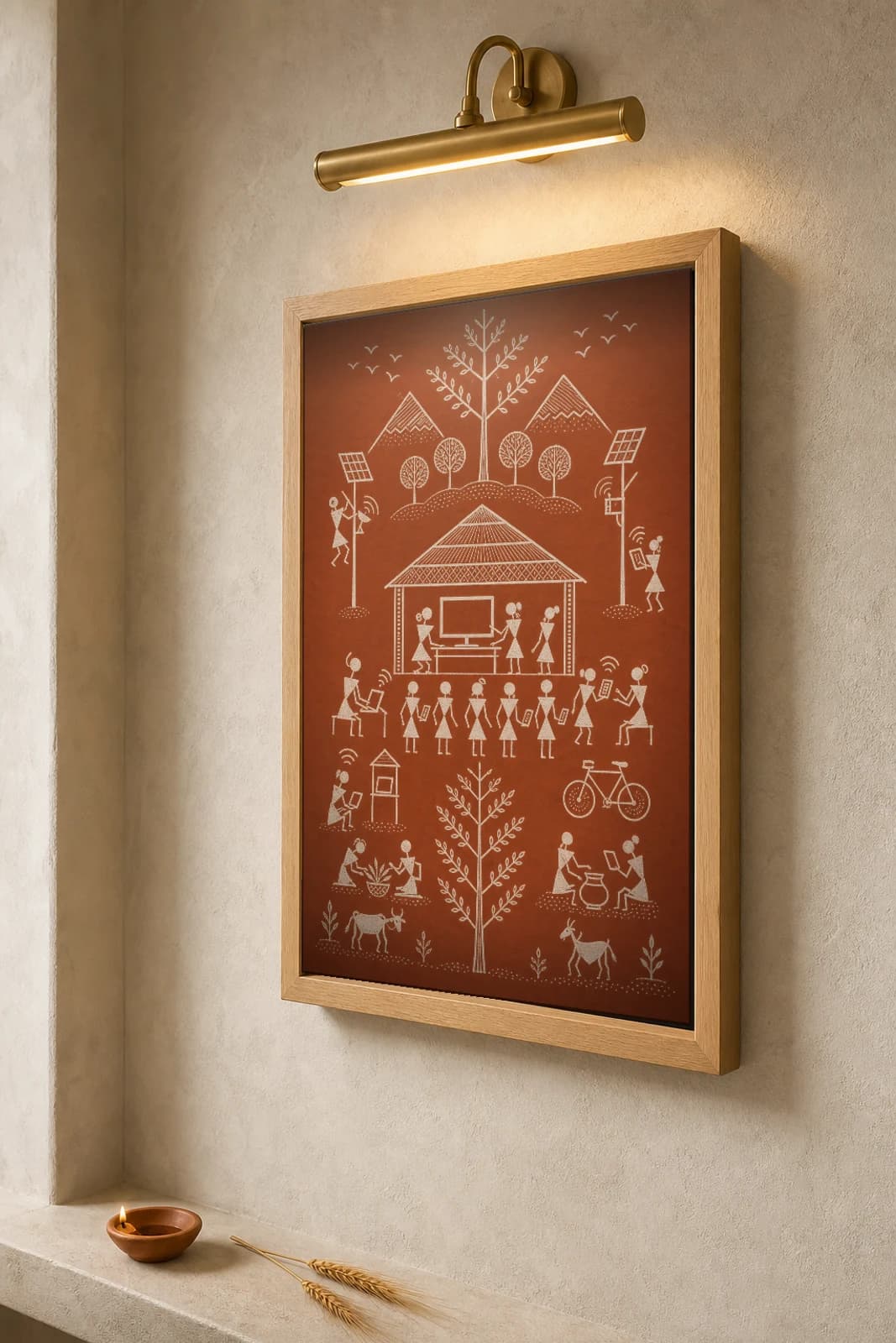 Maharashtra Tech Village Center Warli Poster — fusion Indian folk art wall decor · framed A2 — the framed print shown at a three-quarter angle on a styled gallery wall in a natural-oak frame