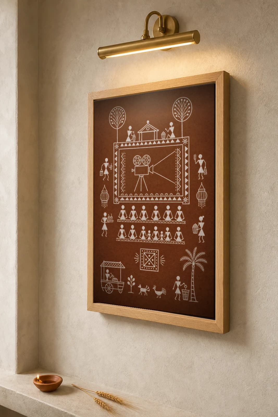 Mumbai Theatre Screen Warli Poster — fusion Indian folk art wall decor · framed A2 — the framed print shown at a three-quarter angle on a styled gallery wall in a natural-oak frame