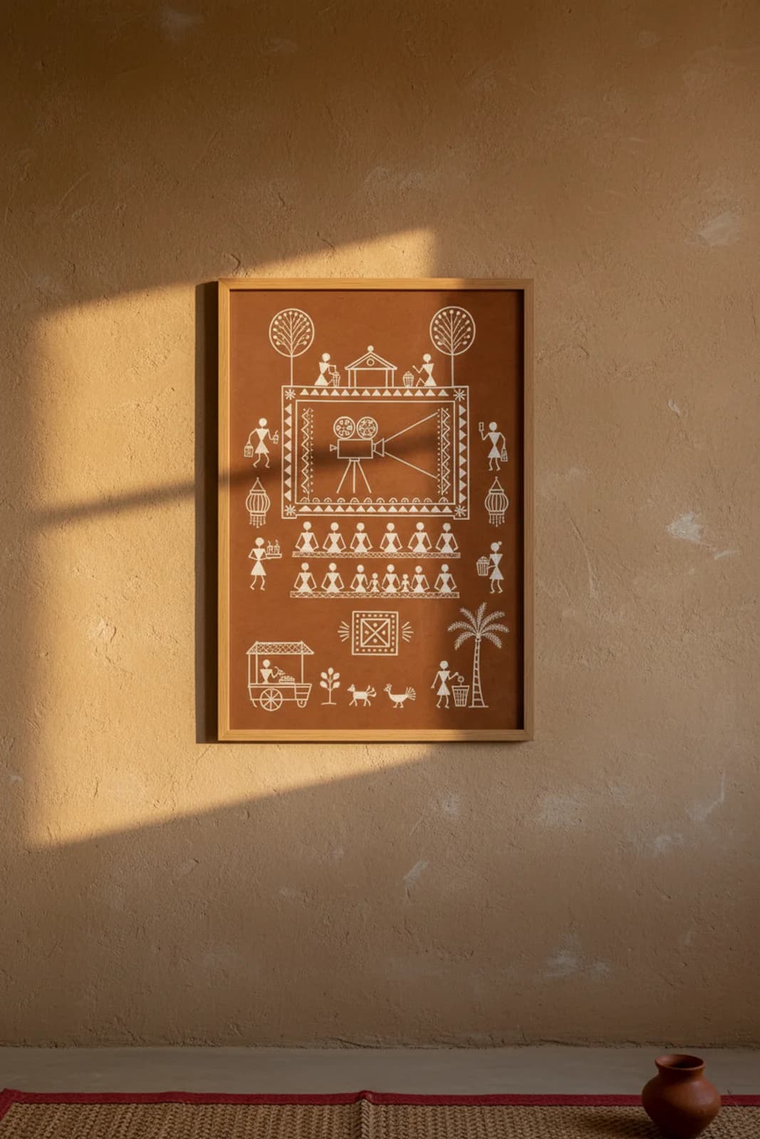 Theatre Screen Warli print in natural oak A2 frame on warm-earth-neutral mud-plaster wall — rustic Indian folk art mockup