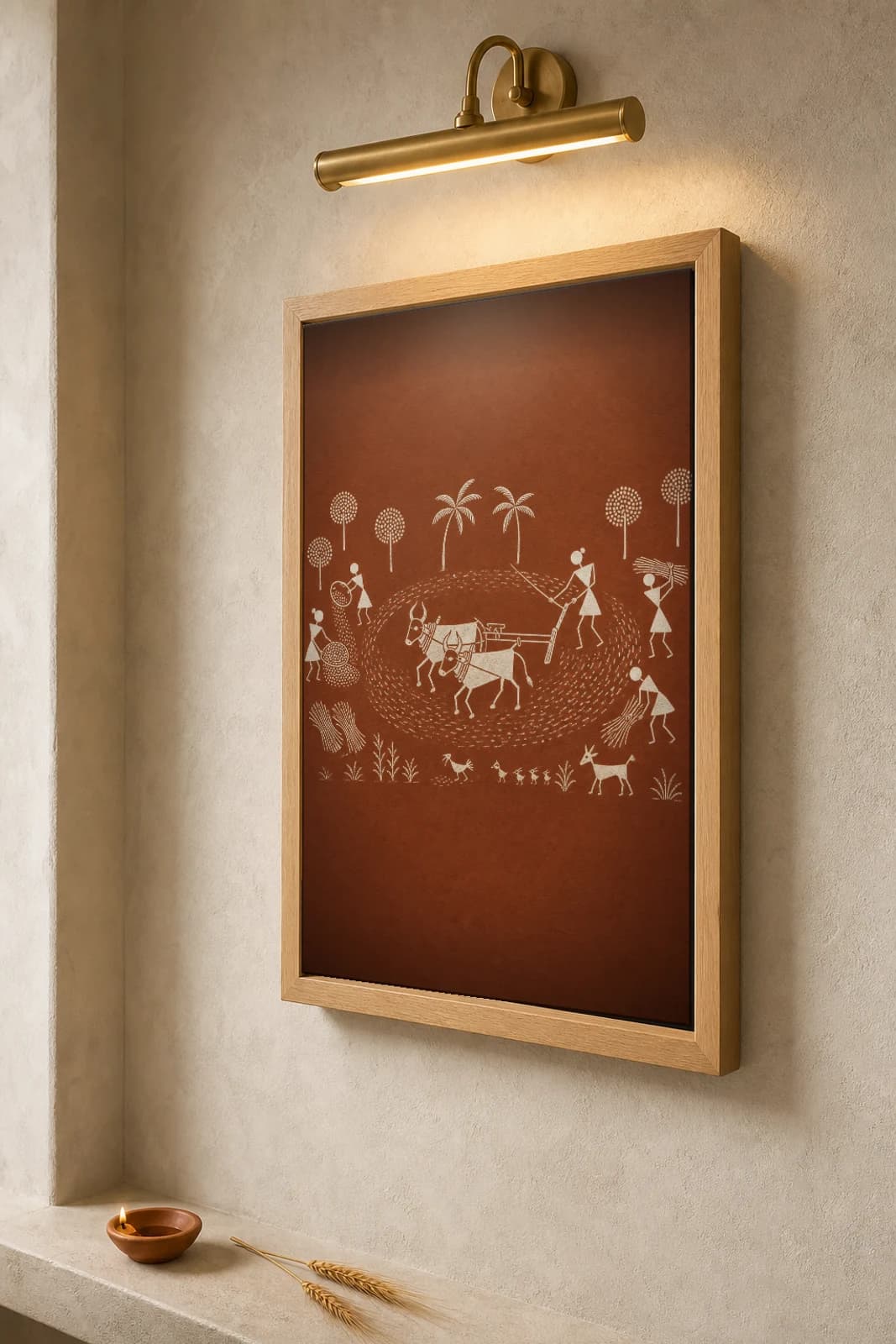 Dahanu Threshing Floor Warli Poster — classical Indian folk art wall decor · framed A2 — the framed print shown at a three-quarter angle on a styled gallery wall in a natural-oak frame