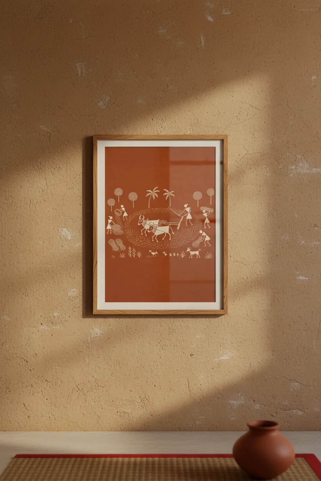 Threshing Floor Warli print in natural oak A2 frame on warm-earth-neutral mud-plaster wall — rustic Indian folk art mockup