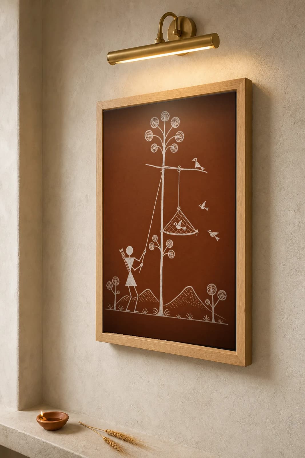 Jawhar Trap Bird Snare Warli Poster — classical Indian folk art wall decor · framed A2 — the framed print shown at a three-quarter angle on a styled gallery wall in a natural-oak frame