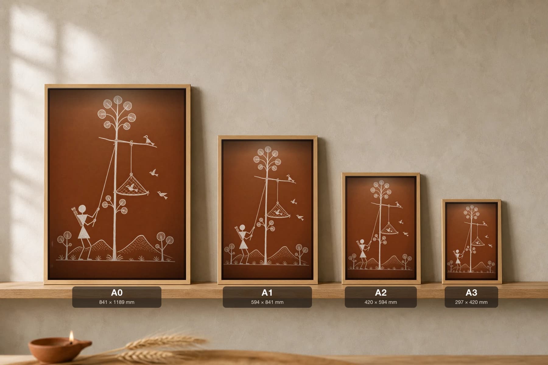 Jawhar Trap Bird Snare Warli Poster — classical Indian folk art wall decor · framed A2 — print size guide showing the artwork at A0, A1, A2 and A3 in natural-oak frames at true relative scale