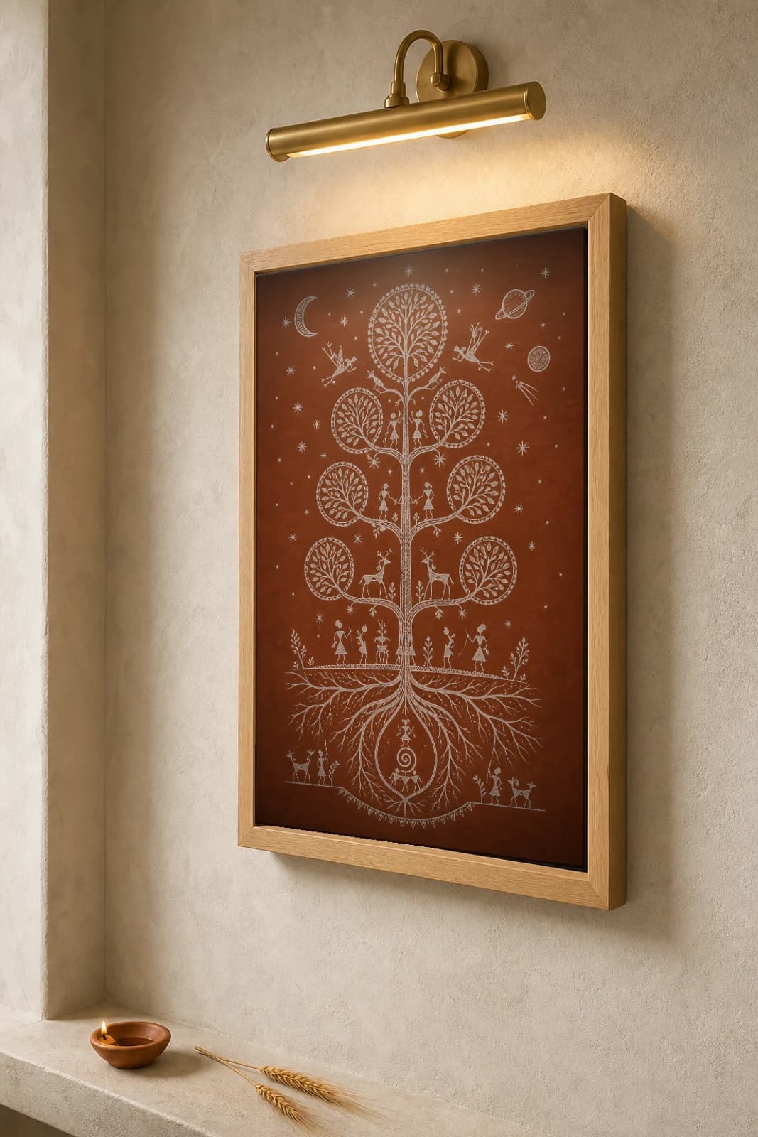 Vikramgad Tree of Life Warli Poster — classical Indian folk art wall decor · framed A2 — the framed print shown at a three-quarter angle on a styled gallery wall in a natural-oak frame