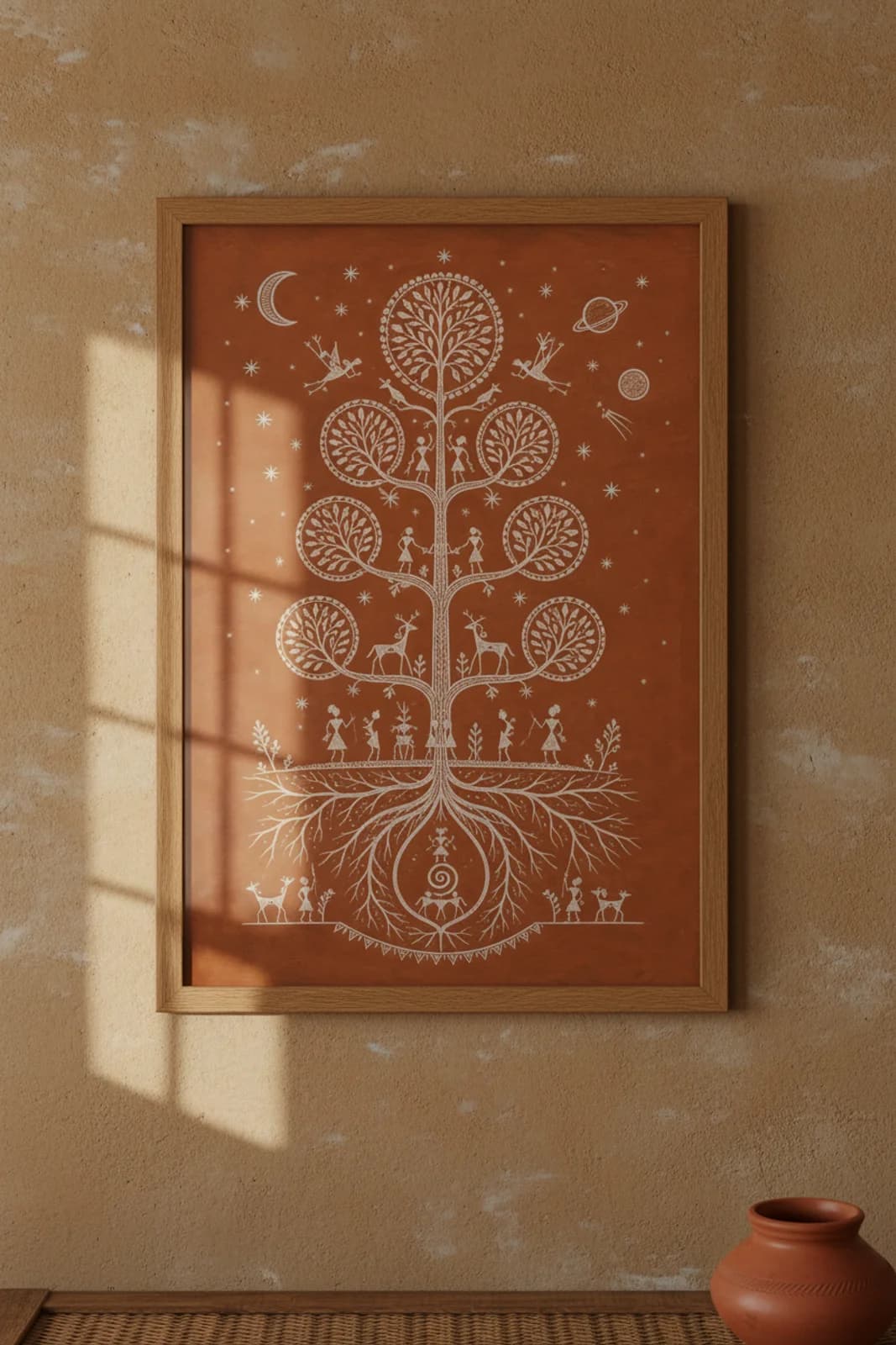 Tree of Life Warli print in natural oak A2 frame on warm-earth-neutral mud-plaster wall — rustic Indian folk art mockup