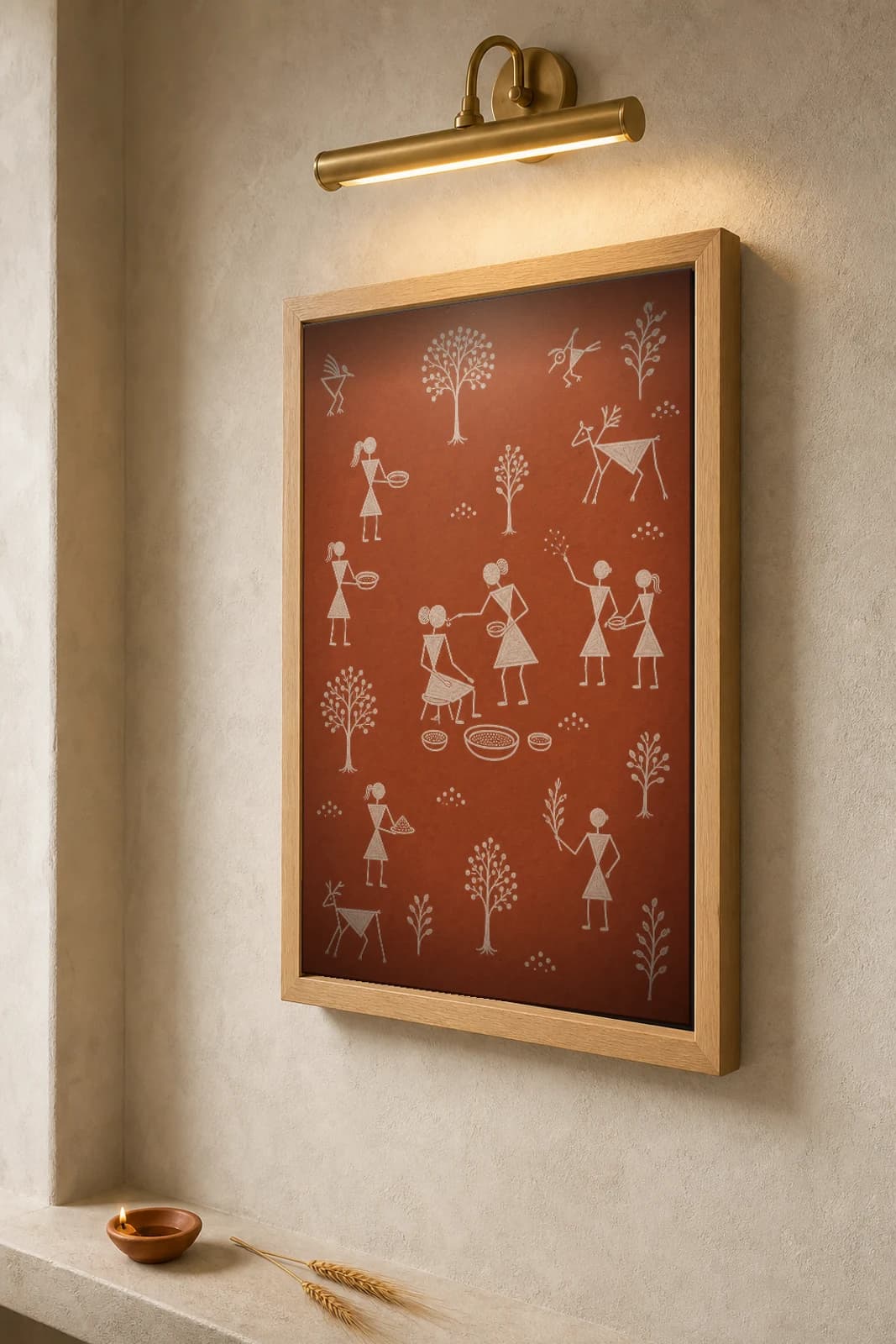 Mokhada Turmeric Ritual Hands Warli Poster — classical Indian folk art wall decor · framed A2 — the framed print shown at a three-quarter angle on a styled gallery wall in a natural-oak frame