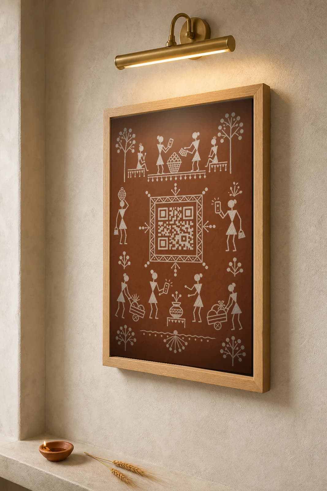 India UPI QR Chauk Warli Poster — fusion Indian folk art wall decor · framed A2 — the framed print shown at a three-quarter angle on a styled gallery wall in a natural-oak frame