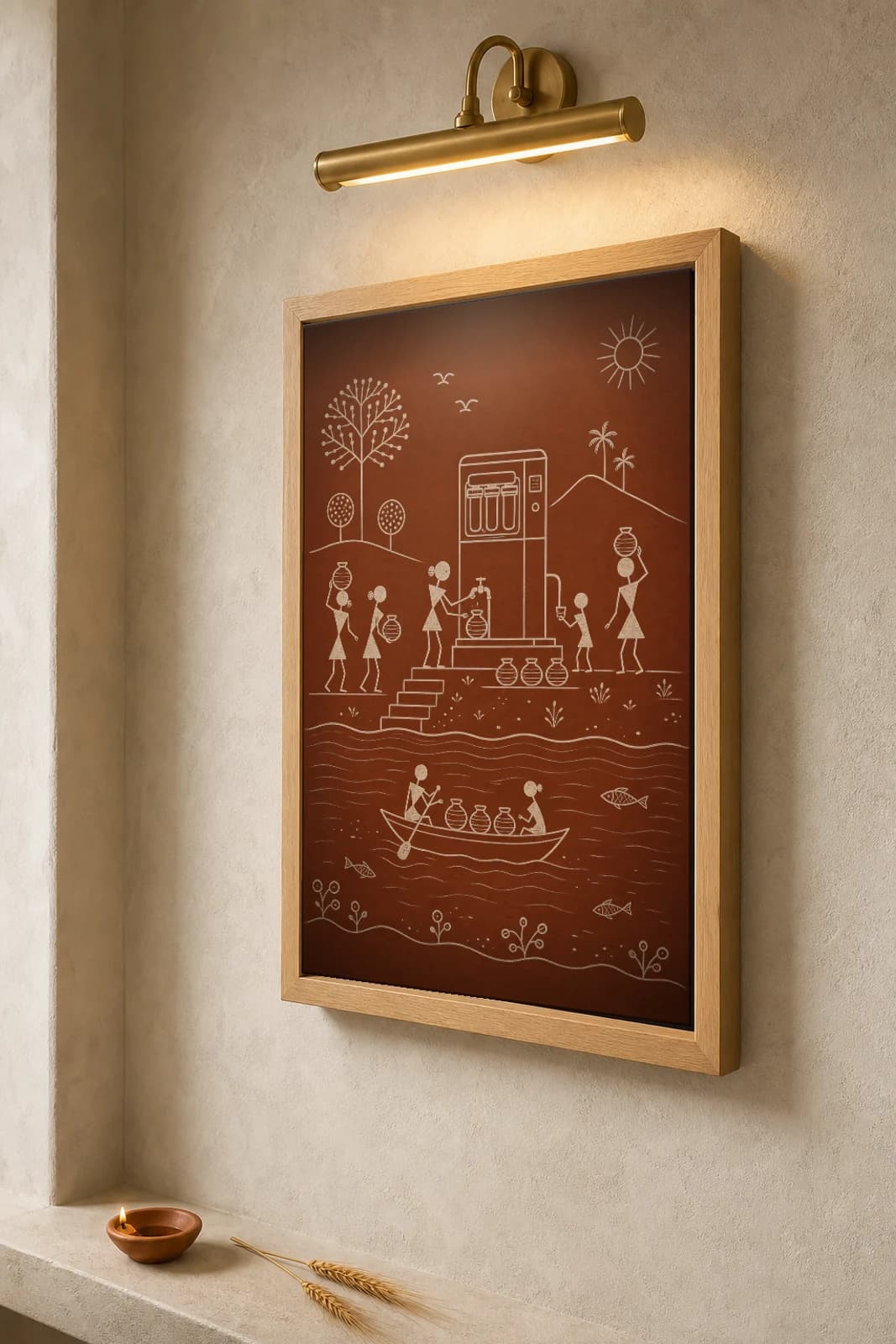 Rural India Water Purifier Warli Poster — fusion Indian folk art wall decor · framed A2 — the framed print shown at a three-quarter angle on a styled gallery wall in a natural-oak frame