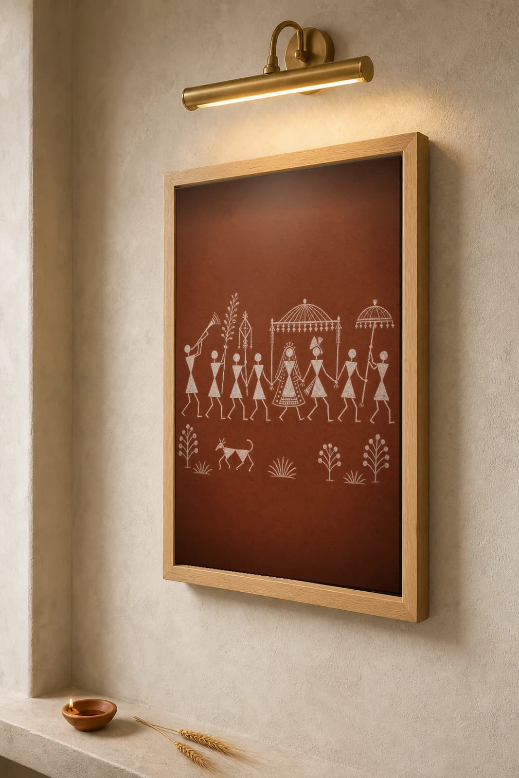 Jawhar Wedding Procession Line Warli Poster — classical Indian folk art wall decor · framed A2 — the framed print shown at a three-quarter angle on a styled gallery wall in a natural-oak frame