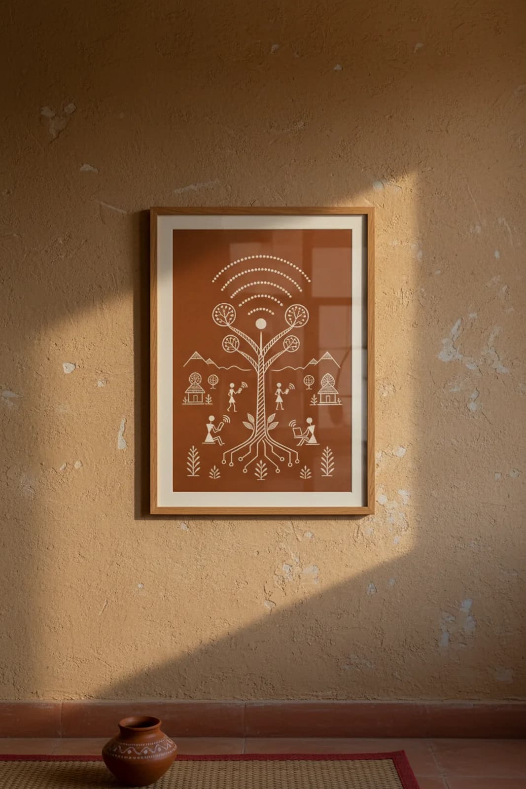 WiFi Signal Tree Warli print in natural oak A2 frame on warm-earth-neutral mud-plaster wall — rustic Indian folk art mockup