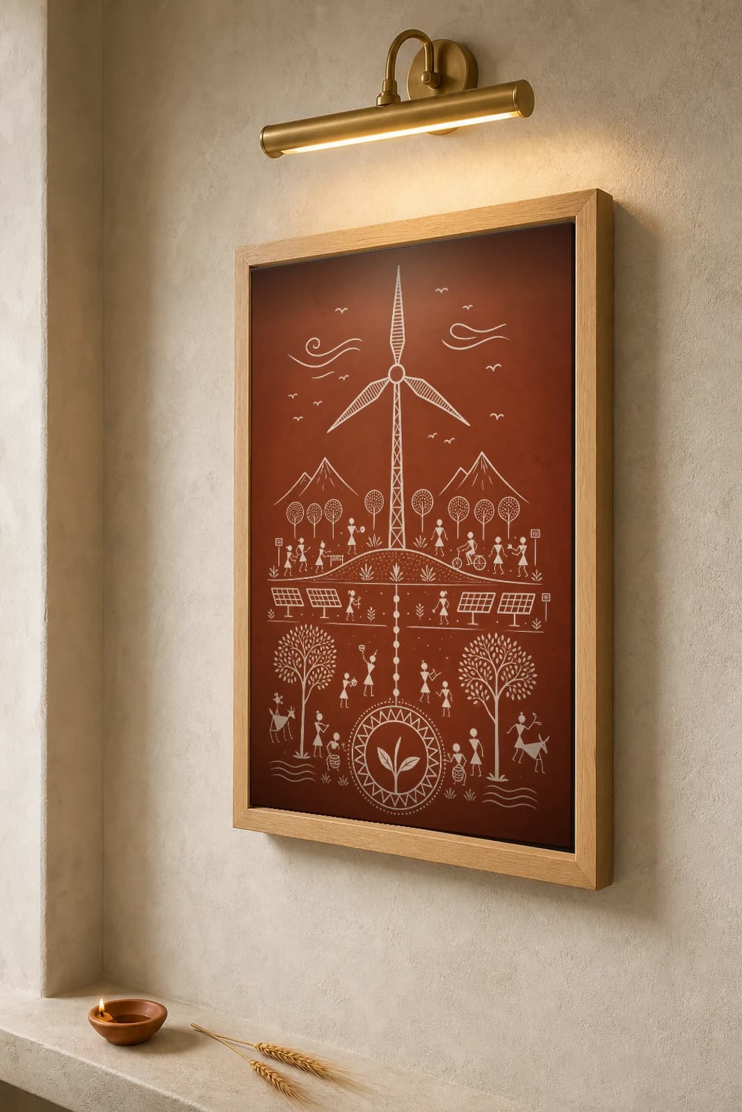 Gujarat Wind Turbine Warli Poster — fusion Indian folk art wall decor · framed A2 — the framed print shown at a three-quarter angle on a styled gallery wall in a natural-oak frame