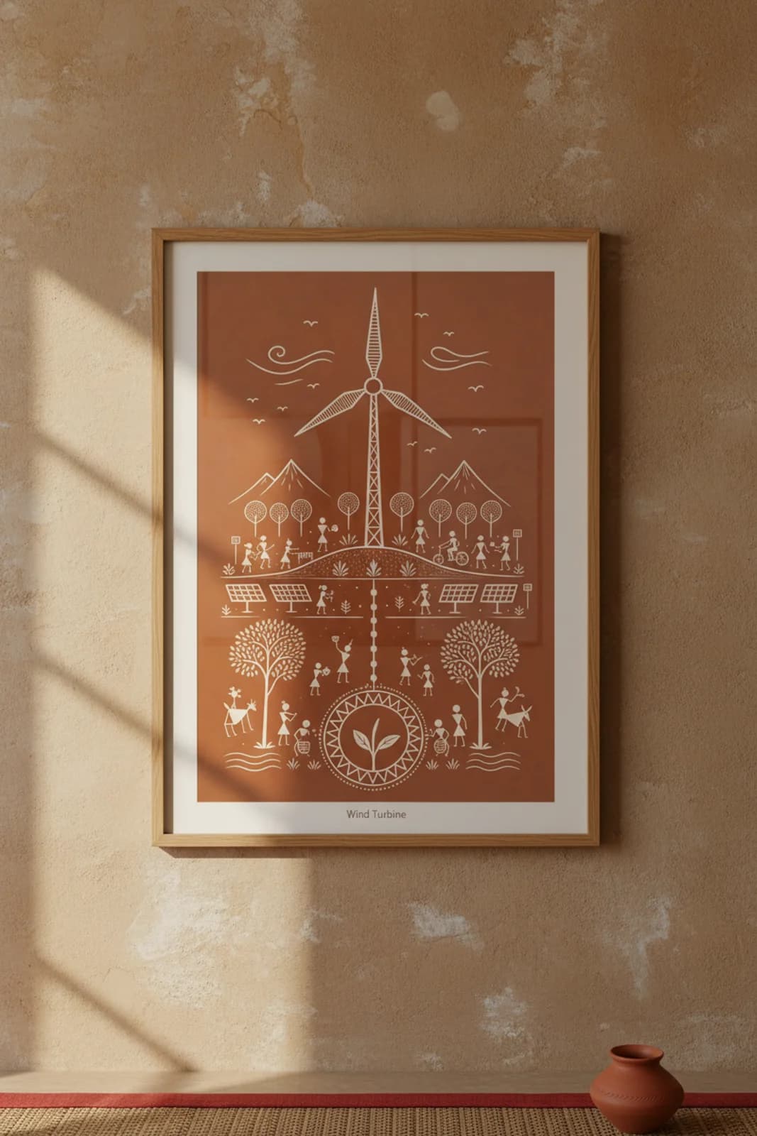 Wind Turbine Warli print in natural oak A2 frame on warm-earth-neutral mud-plaster wall — rustic Indian folk art mockup