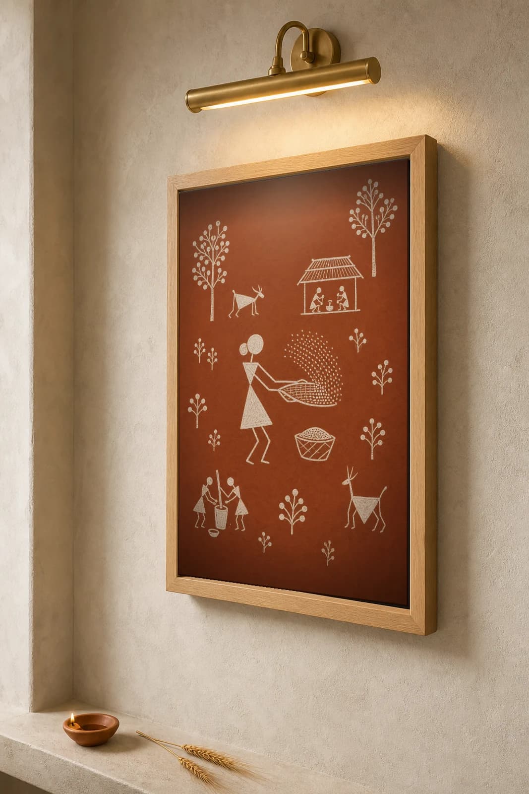 Mokhada Winnowing Courtyard Warli Poster — classical Indian folk art wall decor · framed A2 — the framed print shown at a three-quarter angle on a styled gallery wall in a natural-oak frame