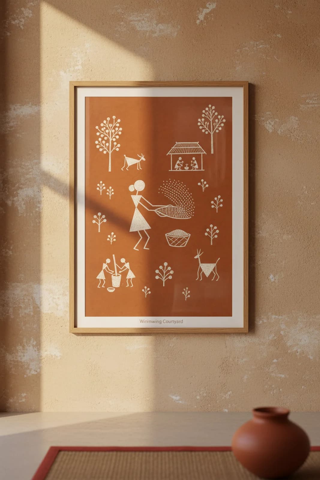 Winnowing Courtyard Warli print in natural oak A2 frame on warm-earth-neutral mud-plaster wall — rustic Indian folk art mockup