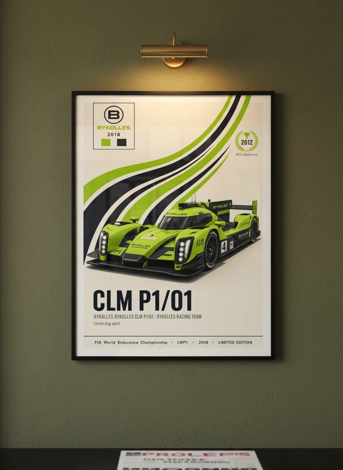 CLM P1/01 — ByKolles #4 WEC Masters endurance print in black A2 frame on neon-green olive wall — WEC Masters mockup