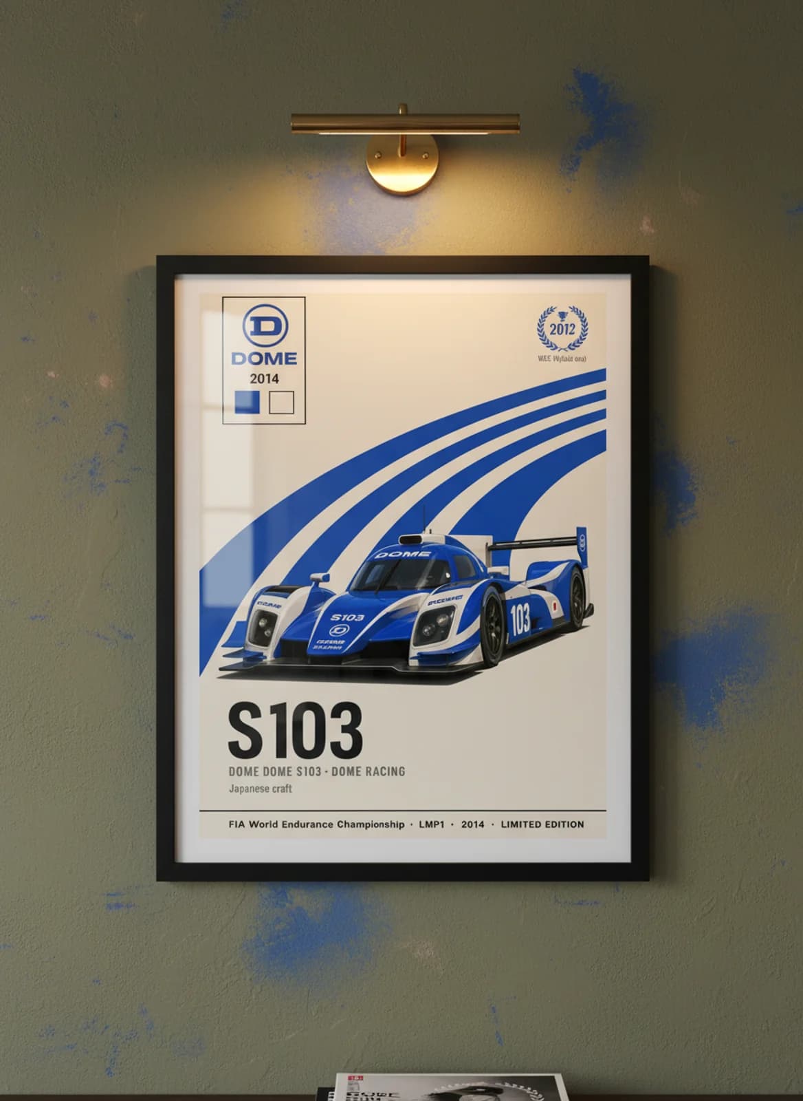 S103 — Dome Racing #103 WEC Masters endurance print in black A2 frame on royal-blue olive wall — WEC Masters mockup