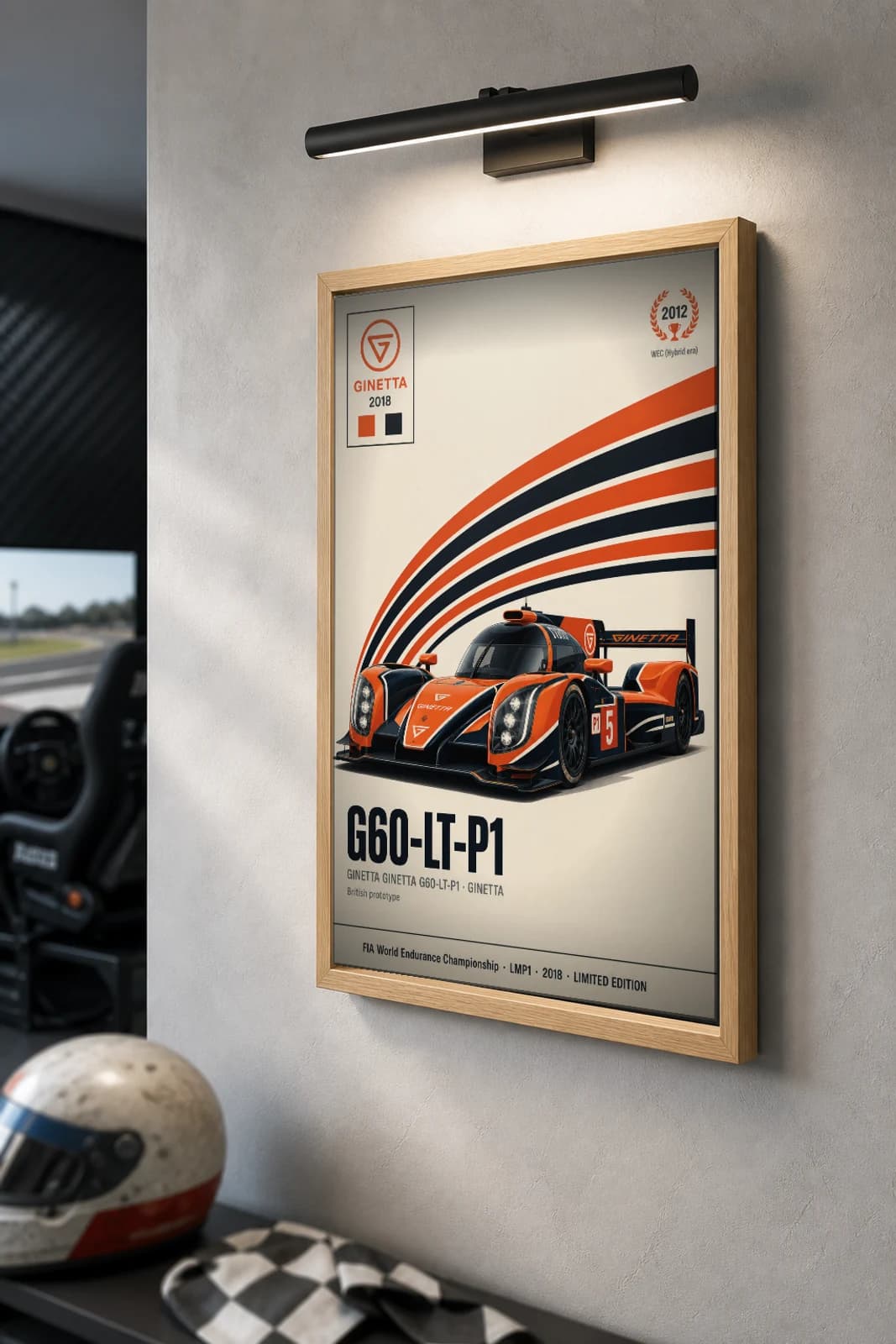 Ginetta Cars G60-LT-P1 Poster — 2018 LMP1 WEC racing wall art · #5 · framed A2 — the framed print shown at a three-quarter angle on a styled gallery wall in a natural-oak frame
