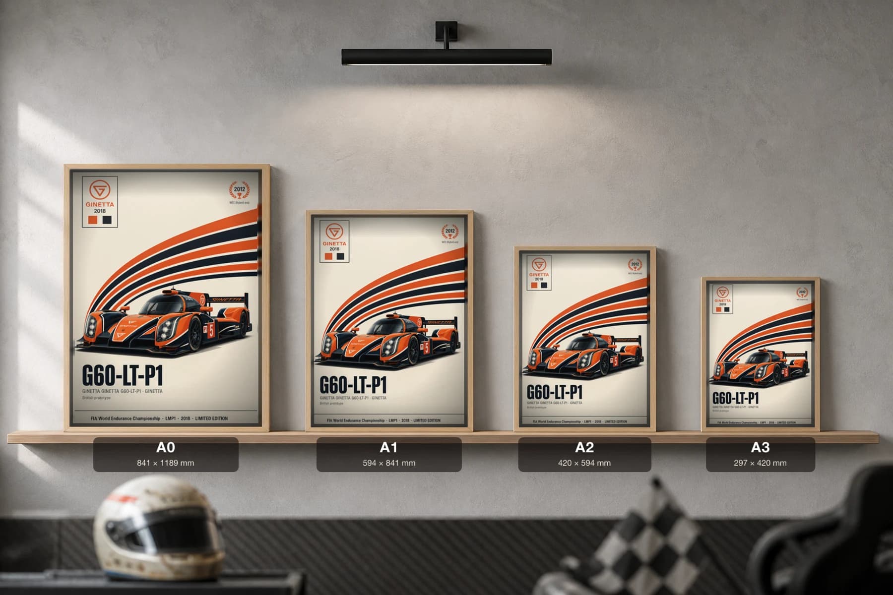 Ginetta Cars G60-LT-P1 Poster — 2018 LMP1 WEC racing wall art · #5 · framed A2 — print size guide showing the artwork at A0, A1, A2 and A3 in natural-oak frames at true relative scale