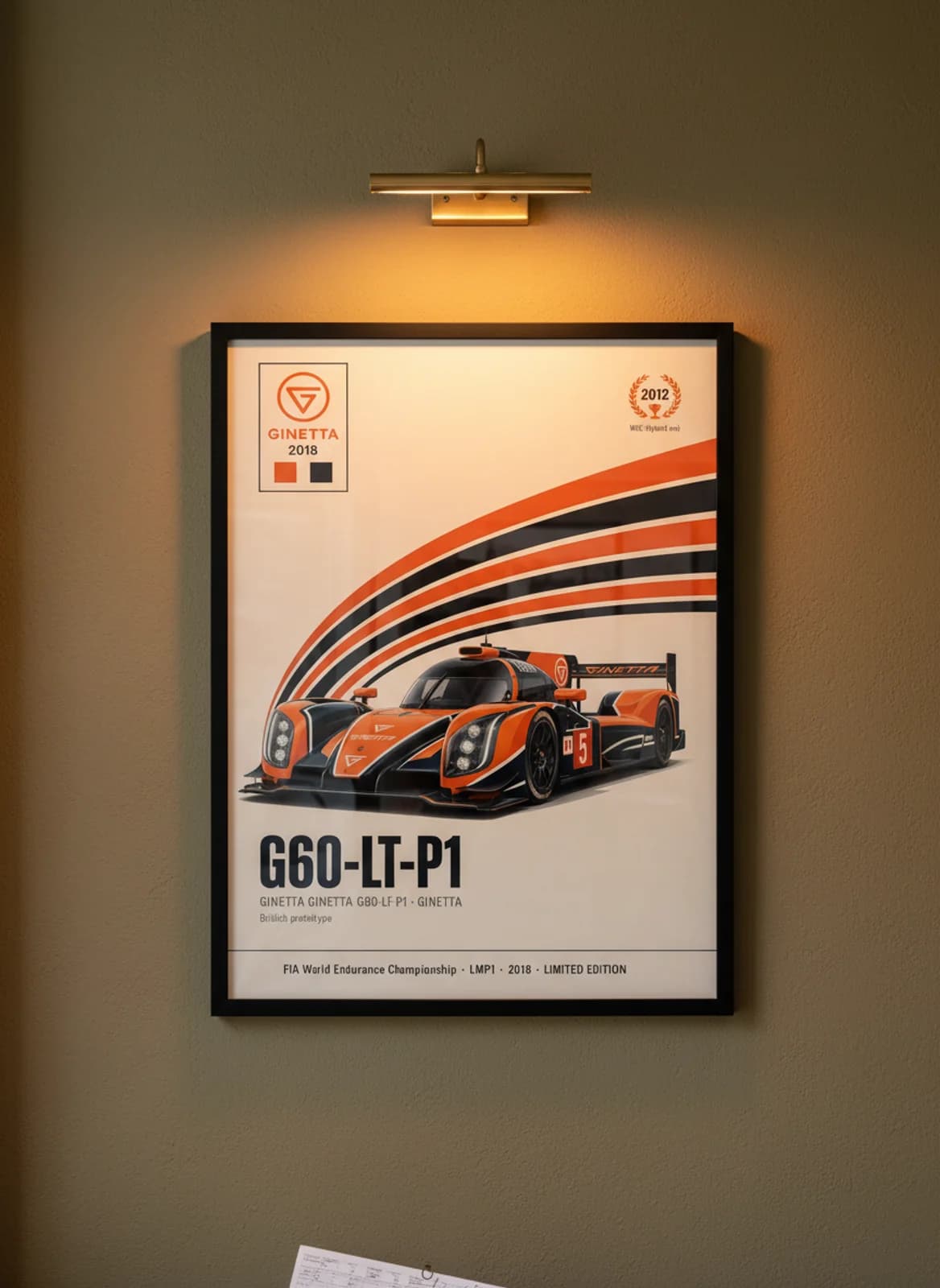 G60-LT-P1 — Ginetta #5 WEC Masters endurance print in black A2 frame on orange olive wall — WEC Masters mockup