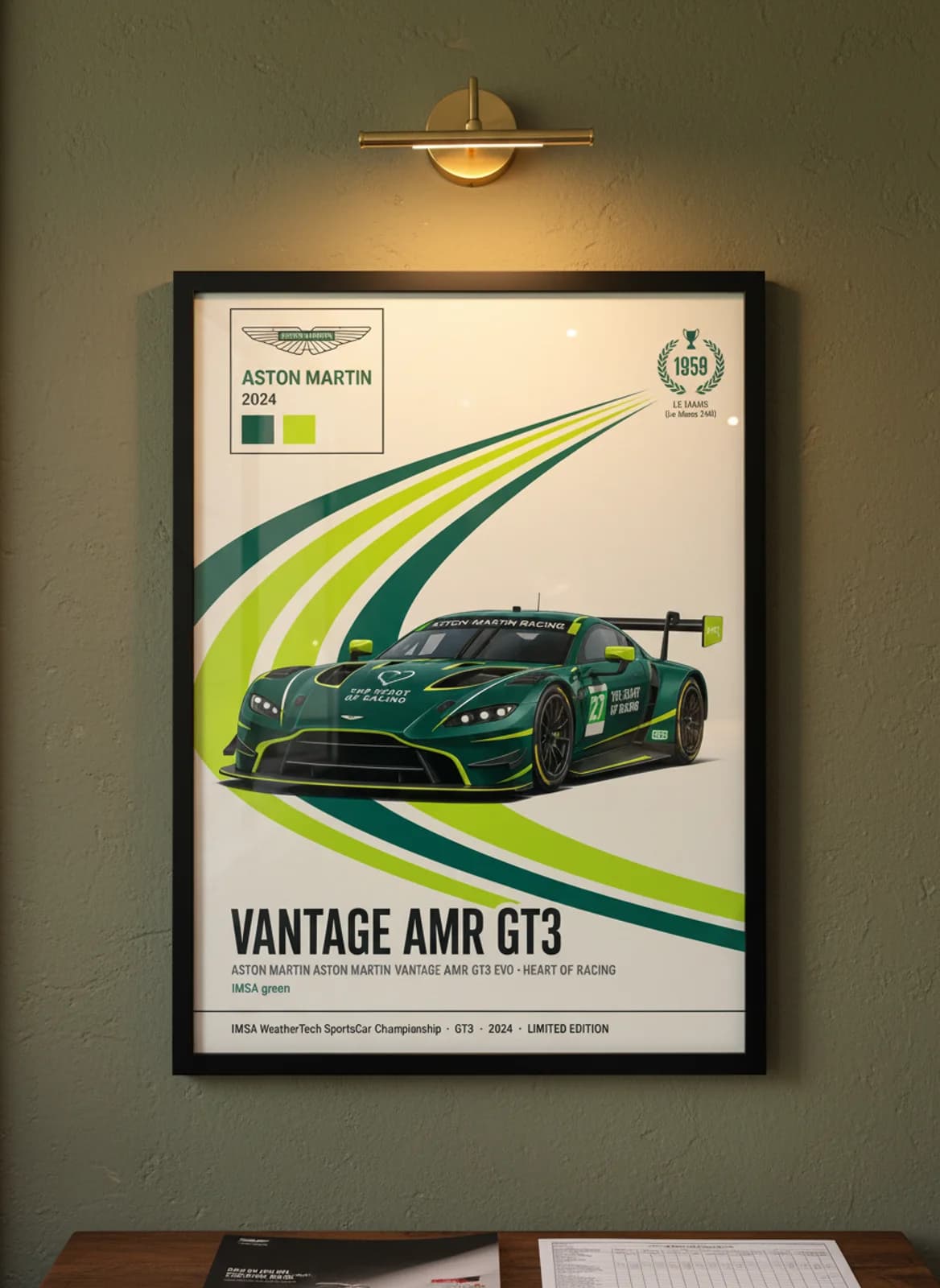 Aston Martin Vantage AMR GT3 — Heart of Racing #27 WEC Masters endurance print in black A2 frame on british-racing-green olive wall — WEC Masters mockup