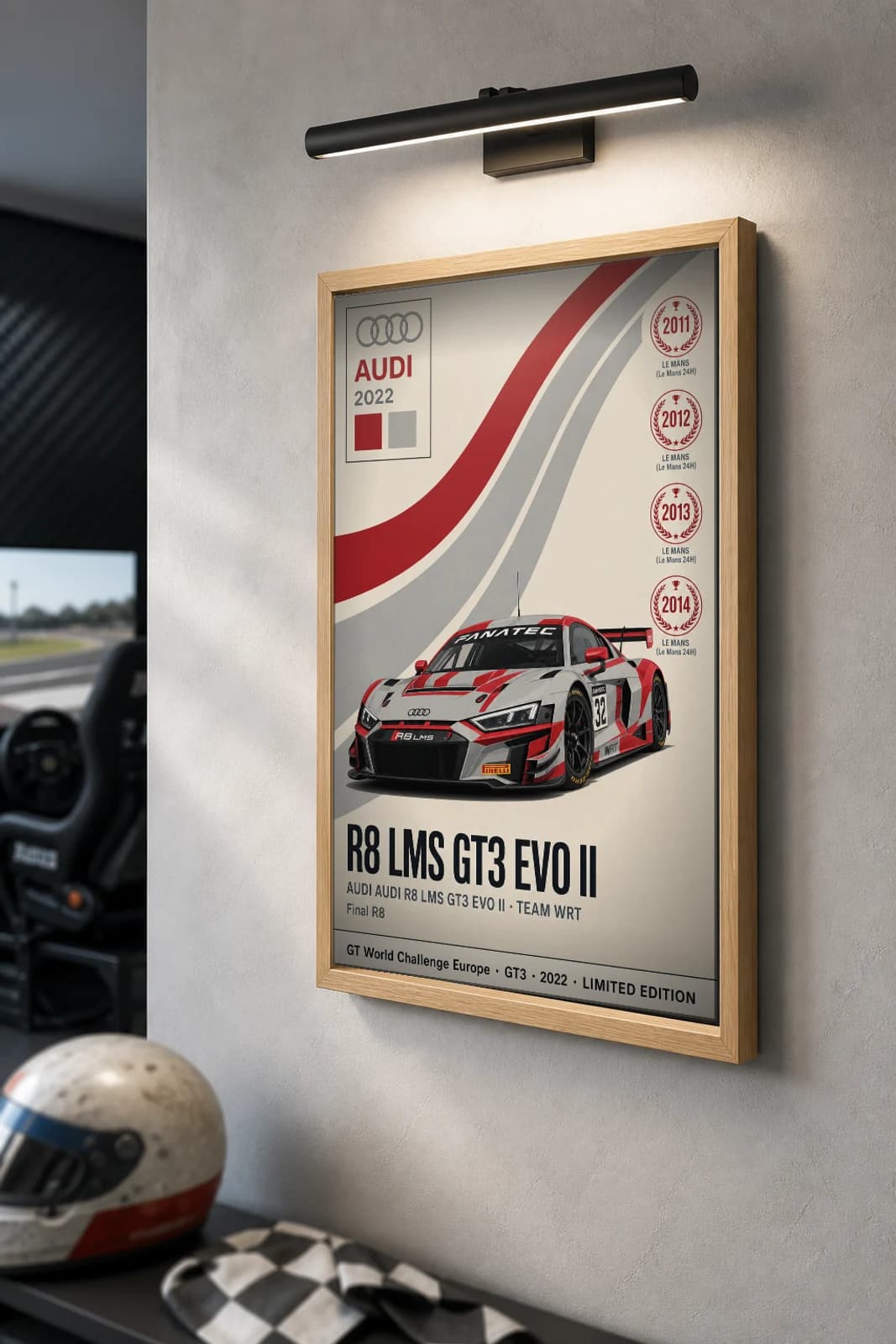 Team WRT R8 LMS GT3 EVO II Poster — 2022 GT3 WEC racing wall art · #32 · framed A2 — the framed print shown at a three-quarter angle on a styled gallery wall in a natural-oak frame