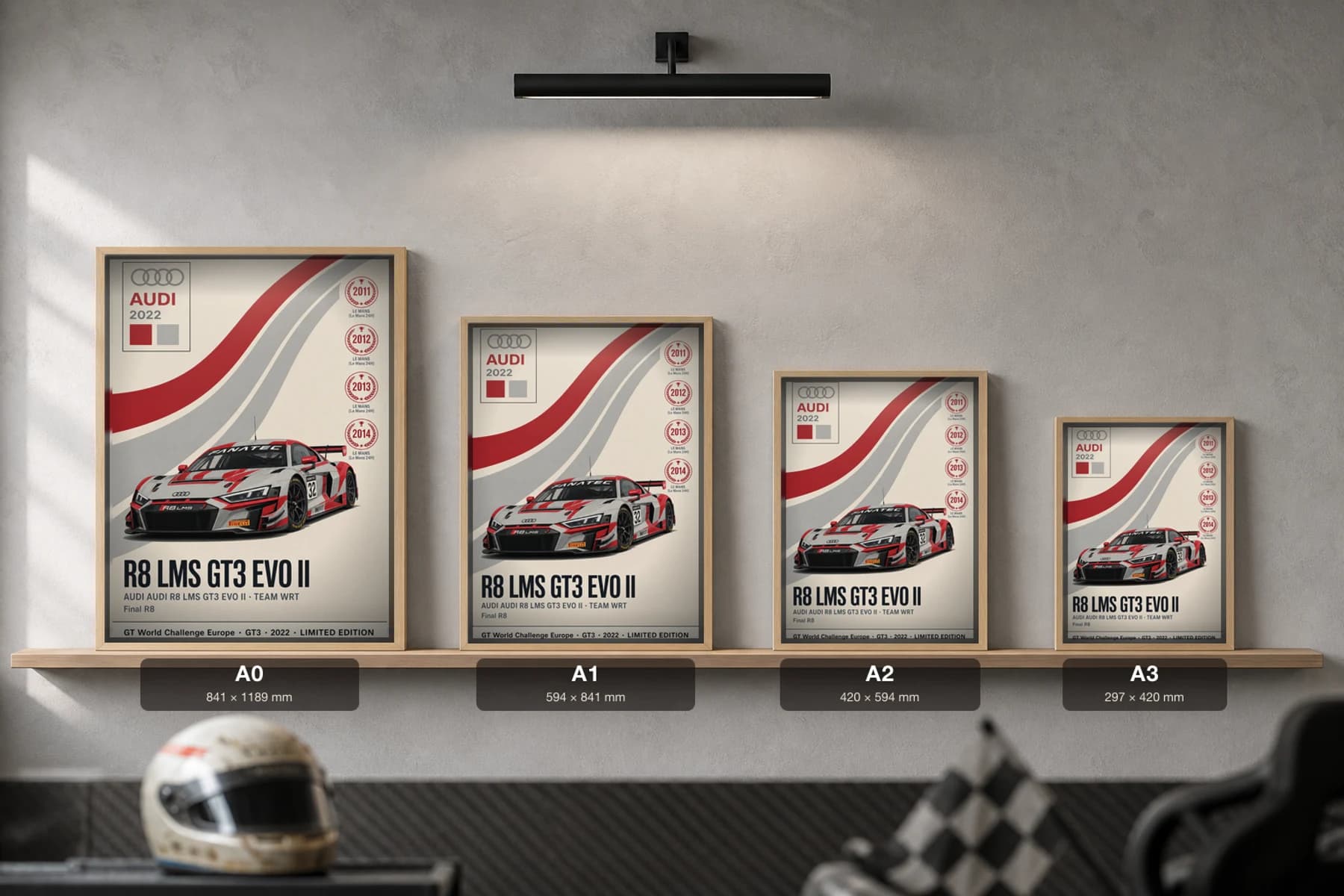Team WRT R8 LMS GT3 EVO II Poster — 2022 GT3 WEC racing wall art · #32 · framed A2 — print size guide showing the artwork at A0, A1, A2 and A3 in natural-oak frames at true relative scale