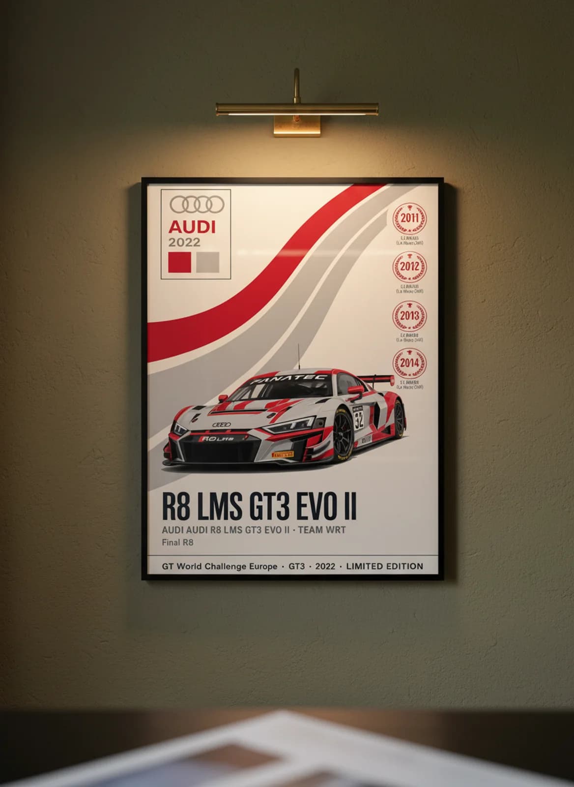 R8 LMS GT3 EVO II WEC Masters endurance print in black A2 frame on racing-red olive wall — WEC Masters mockup