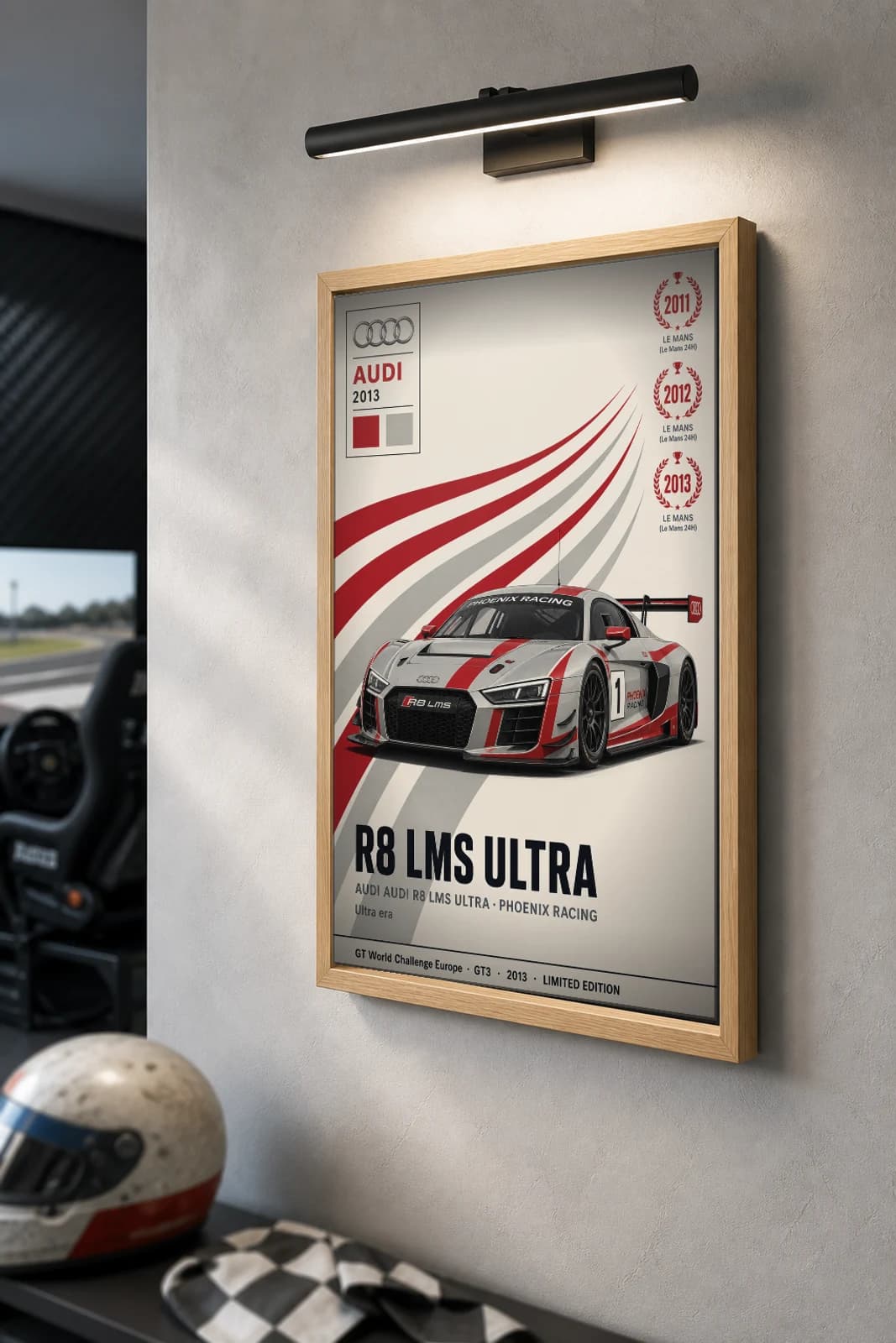 Phoenix Racing R8 LMS ULTRA Poster — 2013 GT3 WEC racing wall art · #1 · framed A2 — the framed print shown at a three-quarter angle on a styled gallery wall in a natural-oak frame