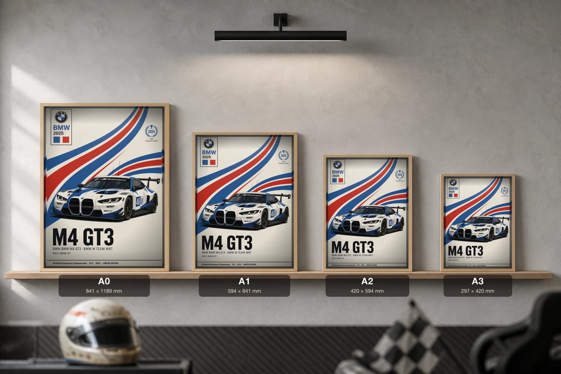 BMW M Team WRT M4 GT3 Poster — 2025 LMGT3 WEC racing wall art · #46 · framed A2 — print size guide showing the artwork at A0, A1, A2 and A3 in natural-oak frames at true relative scale