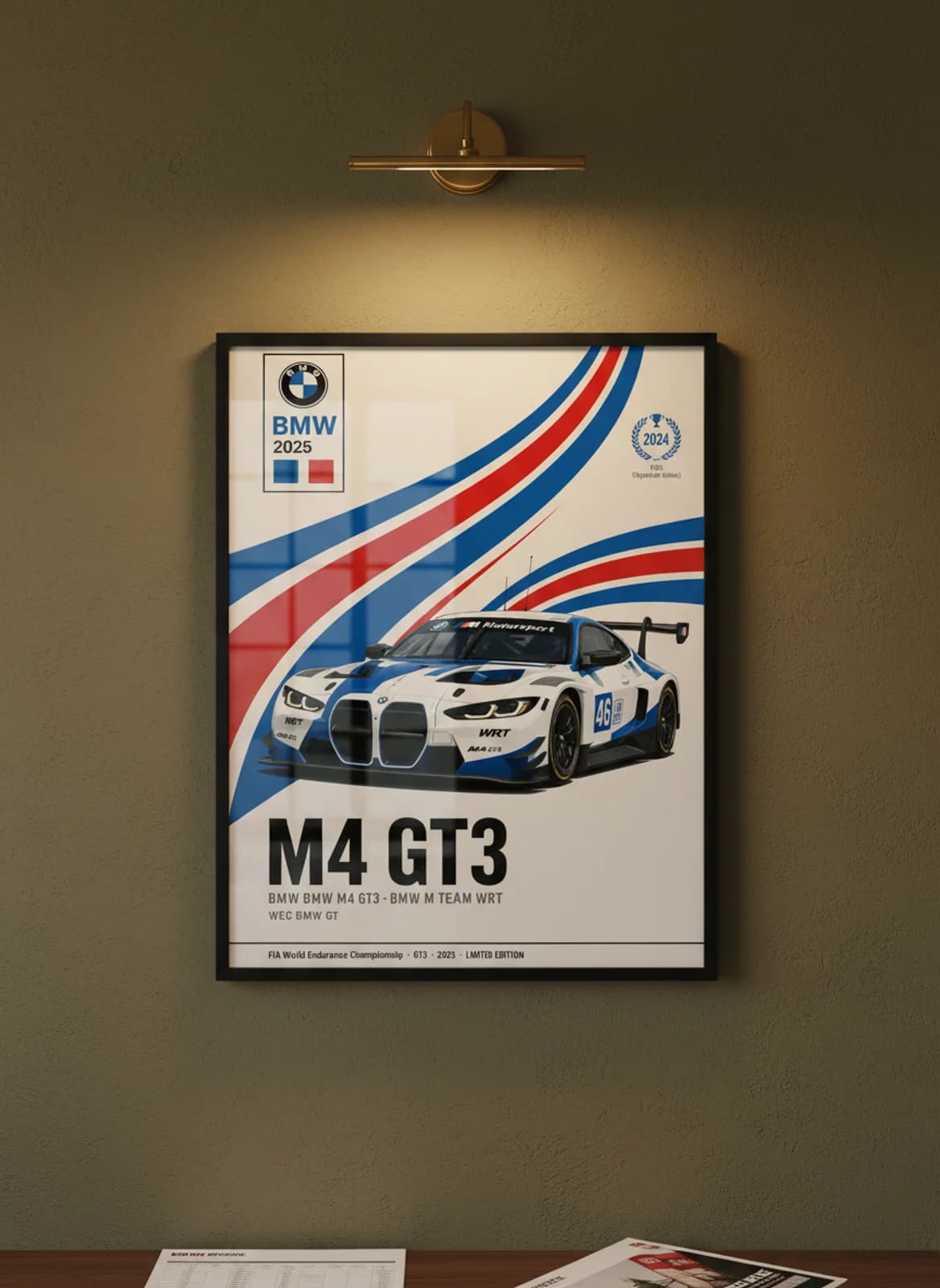 M4 GT3 WEC Masters endurance print in black A2 frame on bmw-blue olive wall — WEC Masters mockup
