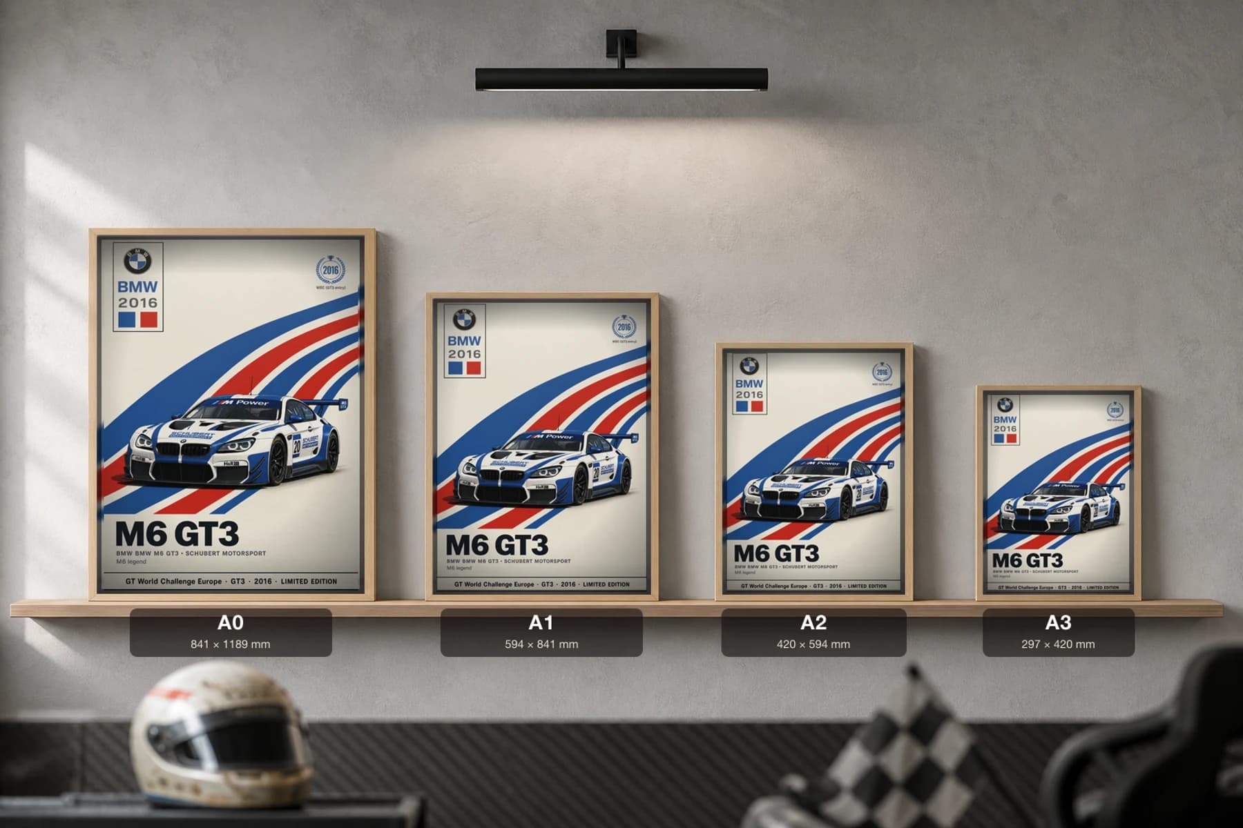 Schubert Motorsport M6 GT3 Poster — 2016 GT3 WEC racing wall art · #20 · framed A2 — print size guide showing the artwork at A0, A1, A2 and A3 in natural-oak frames at true relative scale