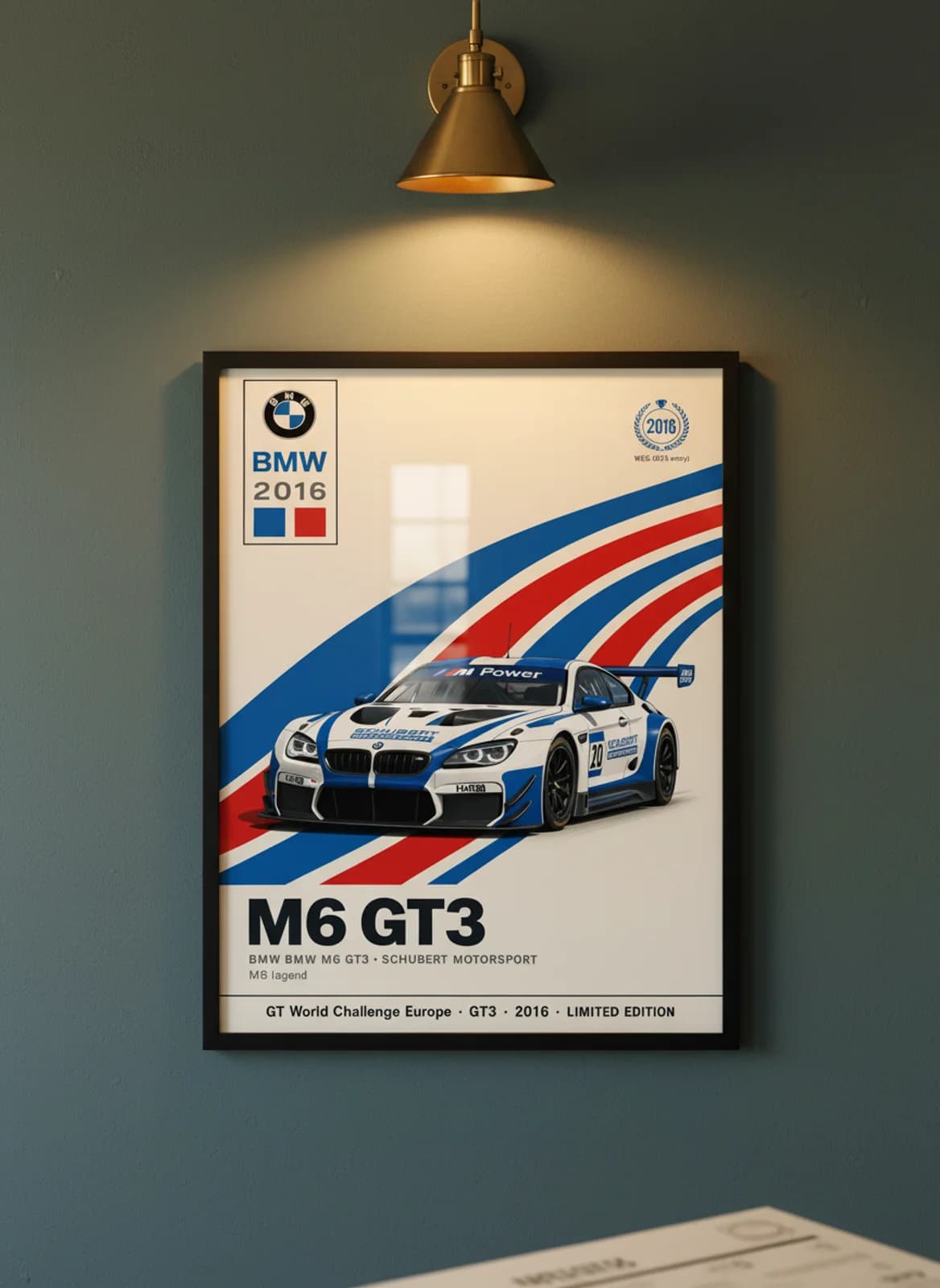 M6 GT3 WEC Masters endurance print in black A2 frame on bmw-m-blue olive wall — WEC Masters mockup
