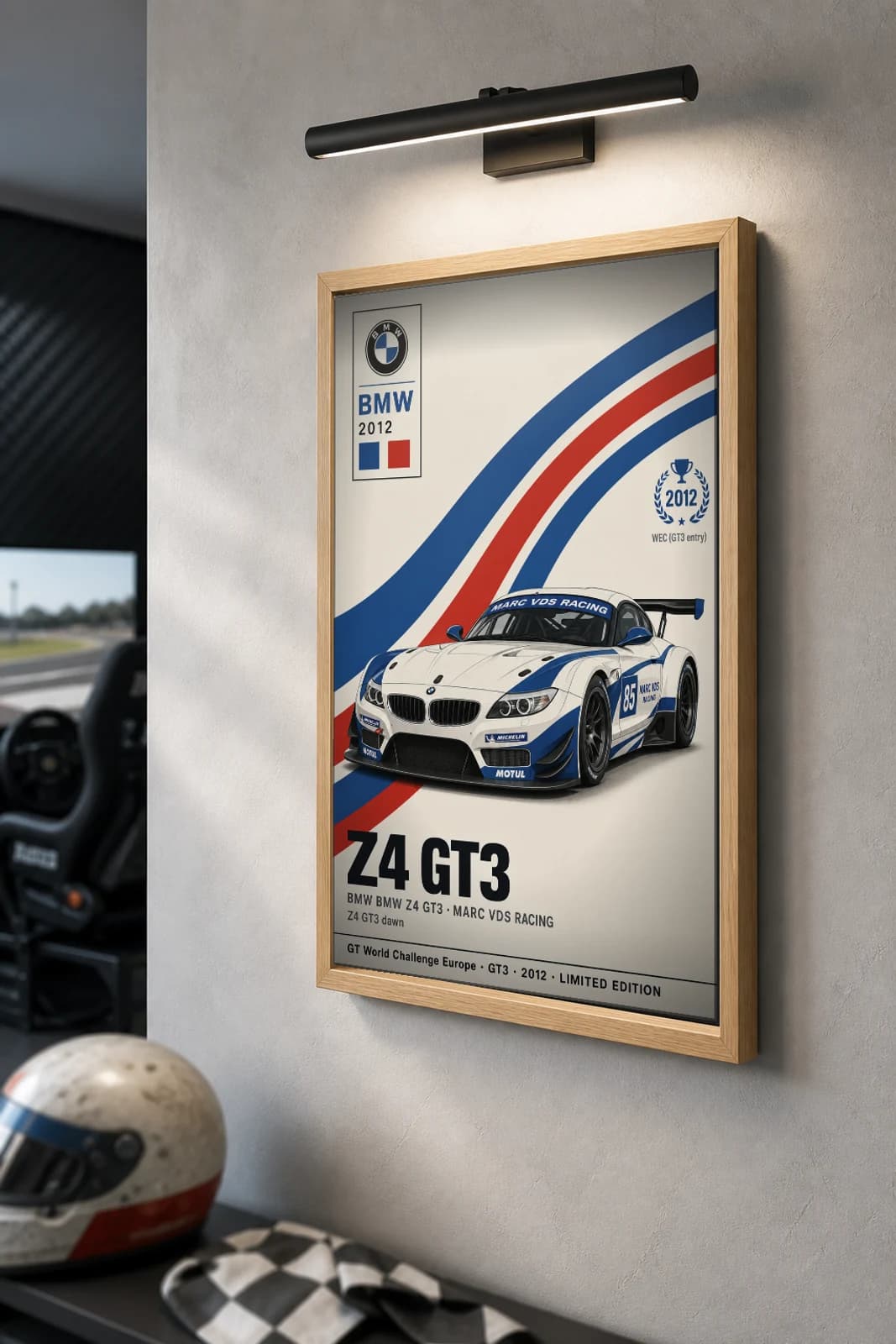 Marc VDS Racing Z4 GT3 Poster — 2012 GT3 WEC racing wall art · #85 · framed A2 — the framed print shown at a three-quarter angle on a styled gallery wall in a natural-oak frame
