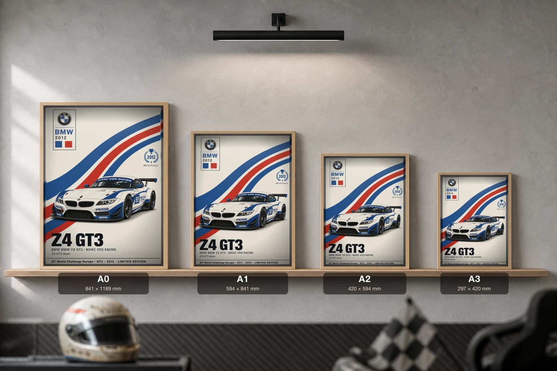 Marc VDS Racing Z4 GT3 Poster — 2012 GT3 WEC racing wall art · #85 · framed A2 — print size guide showing the artwork at A0, A1, A2 and A3 in natural-oak frames at true relative scale