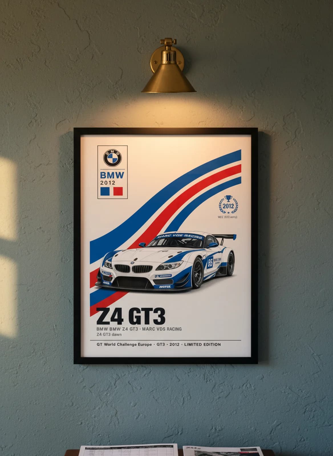 Z4 GT3 WEC Masters endurance print in black A2 frame on bmw-blue olive wall — WEC Masters mockup