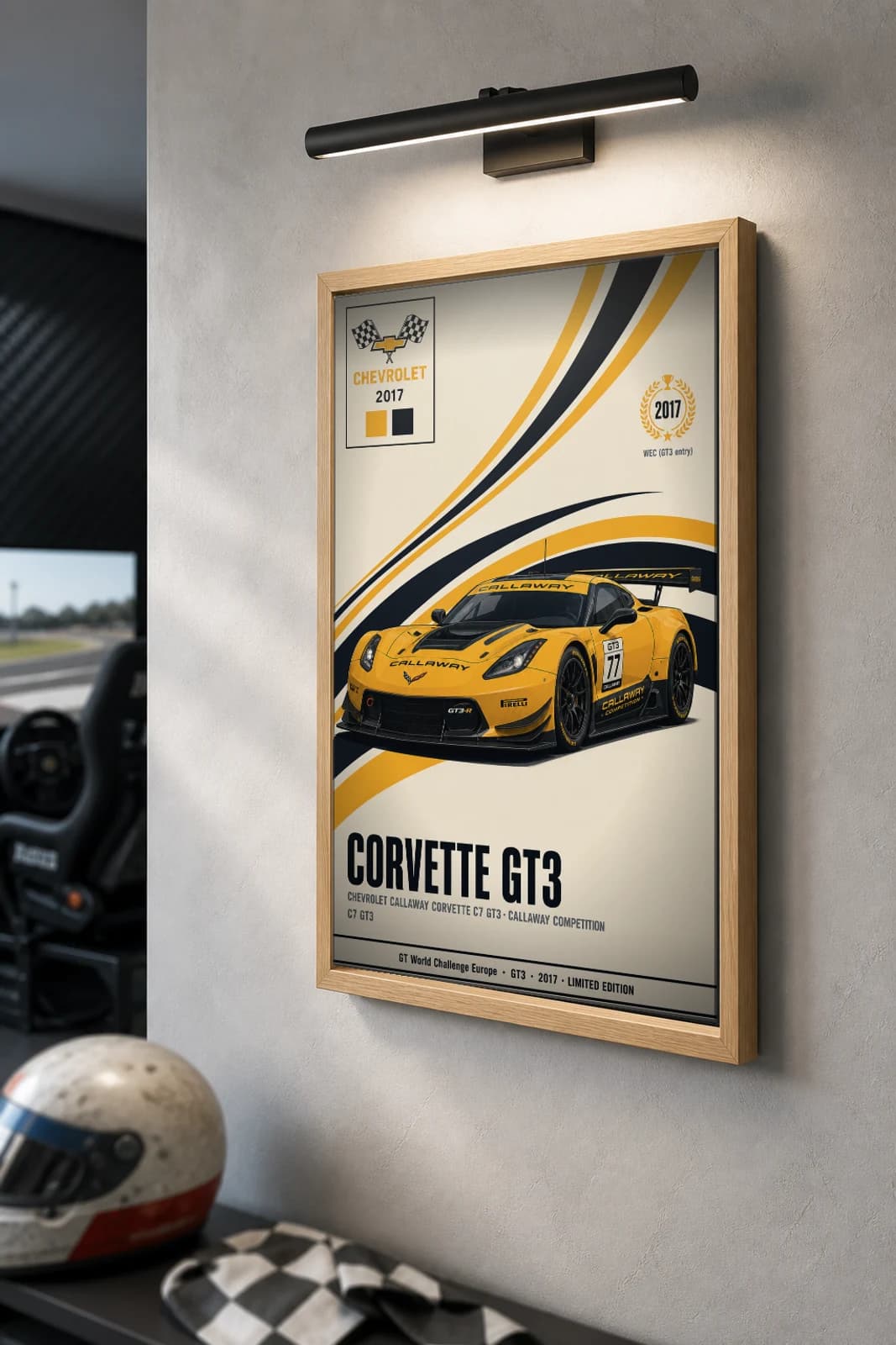 Callaway Competition C7 GT3-R Poster — 2017 GT3 WEC racing wall art · #77 · framed A2 — the framed print shown at a three-quarter angle on a styled gallery wall in a natural-oak frame