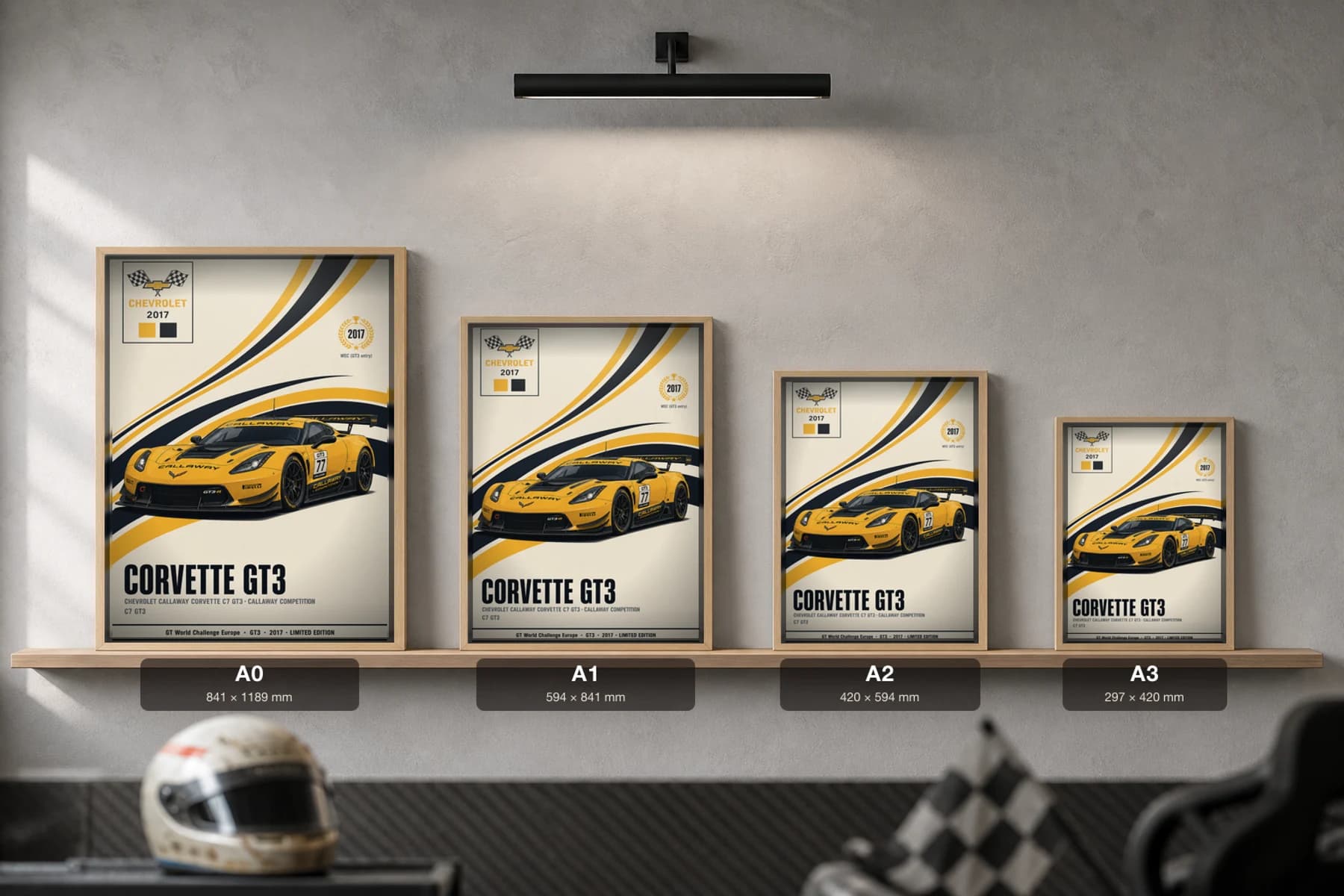 Callaway Competition C7 GT3-R Poster — 2017 GT3 WEC racing wall art · #77 · framed A2 — print size guide showing the artwork at A0, A1, A2 and A3 in natural-oak frames at true relative scale