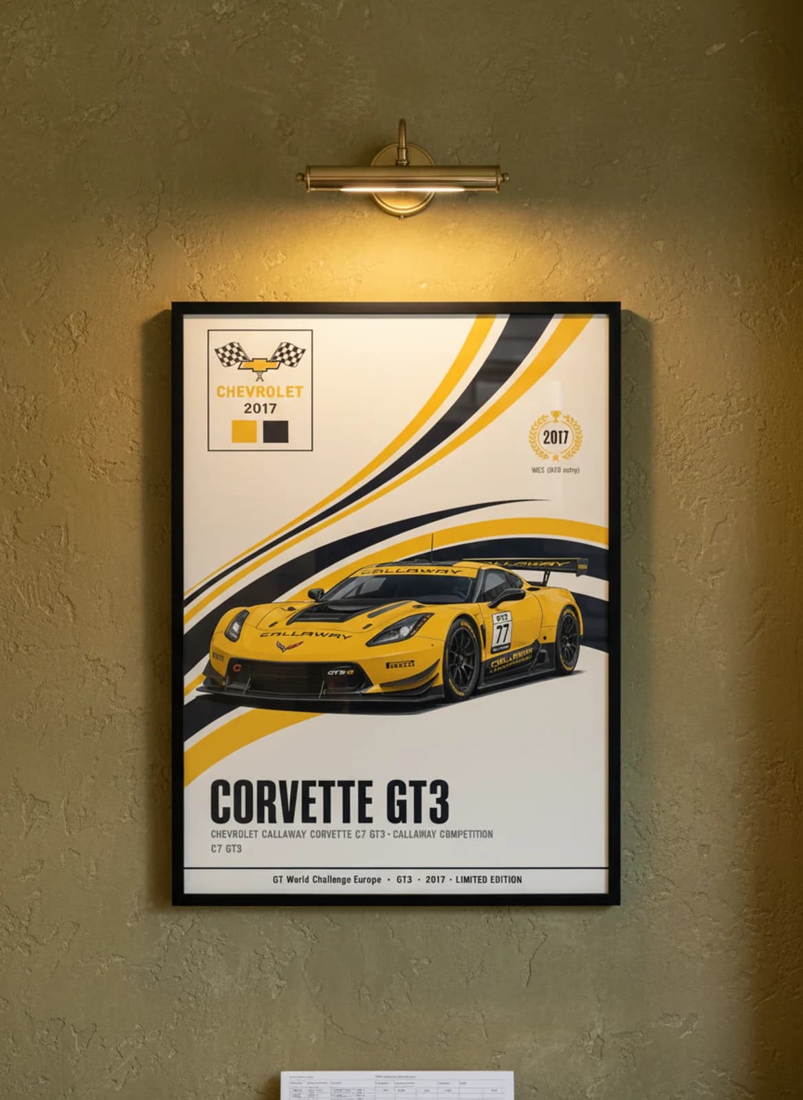 Corvette C7 GT3-R WEC Masters endurance print in black A2 frame on velocity-yellow olive wall — WEC Masters mockup