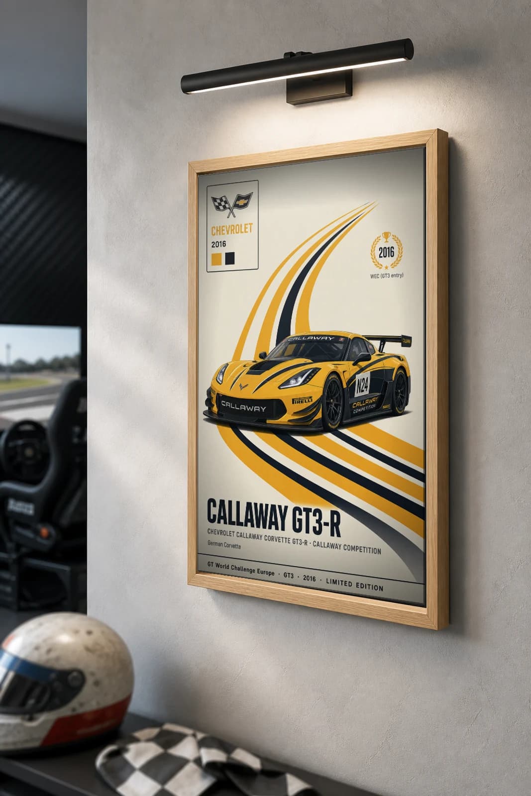 Callaway Competition GT3-R Poster — 2016 GT3 WEC racing wall art · #N24 · framed A2 — the framed print shown at a three-quarter angle on a styled gallery wall in a natural-oak frame
